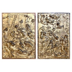 Antique 18th century Pair of Baroque panels gilded stucco molding fixed on wooden panels