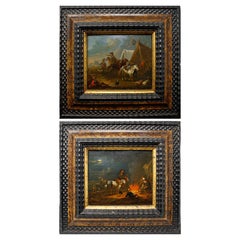 18th Century Pair of Camp Scenes Paintings Oil on Panel by August Querfurt