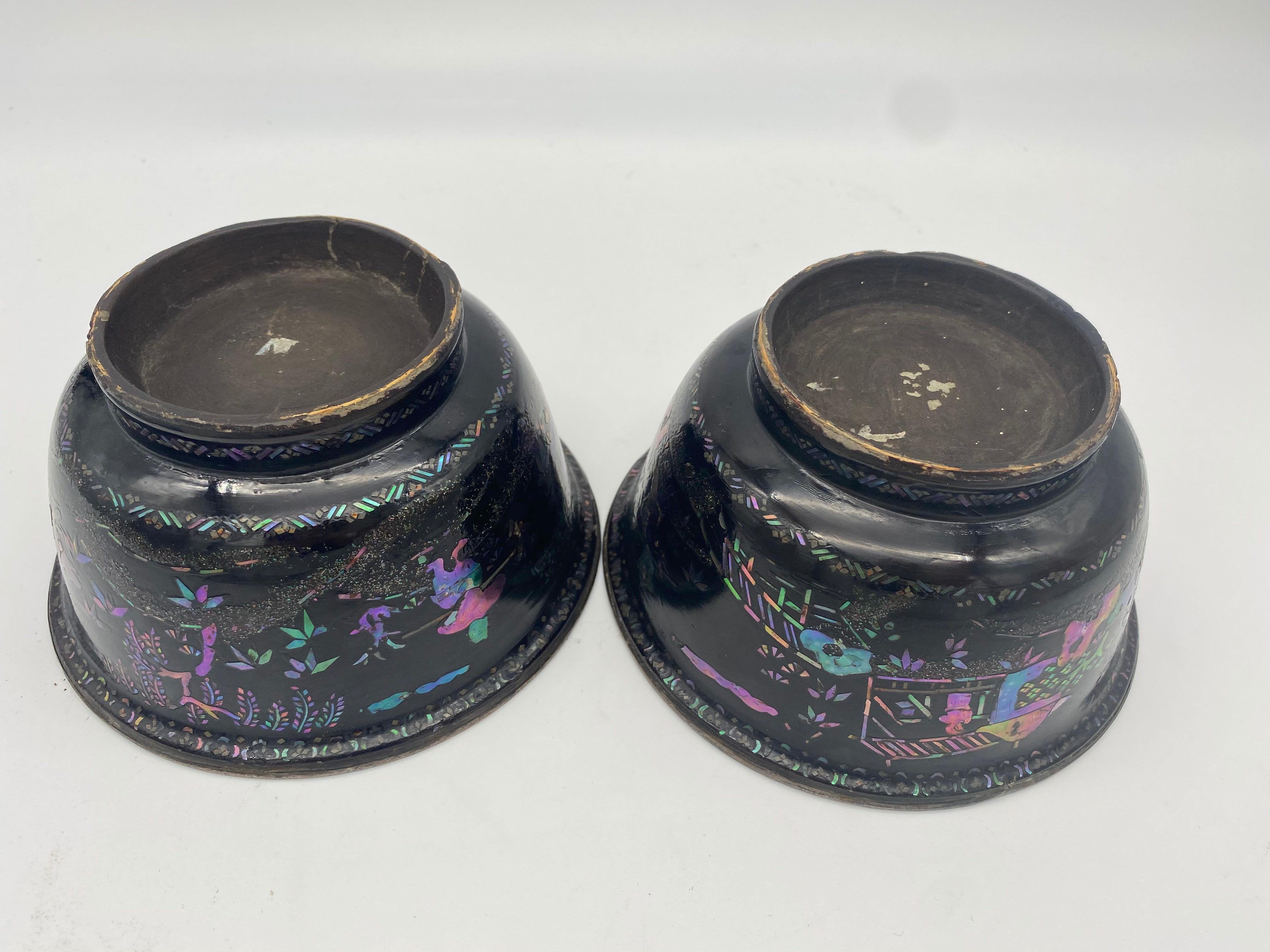 18th Century Pair of Chinese Silver Lacquer Bowls with Mother of Pearl Inlaid For Sale 4