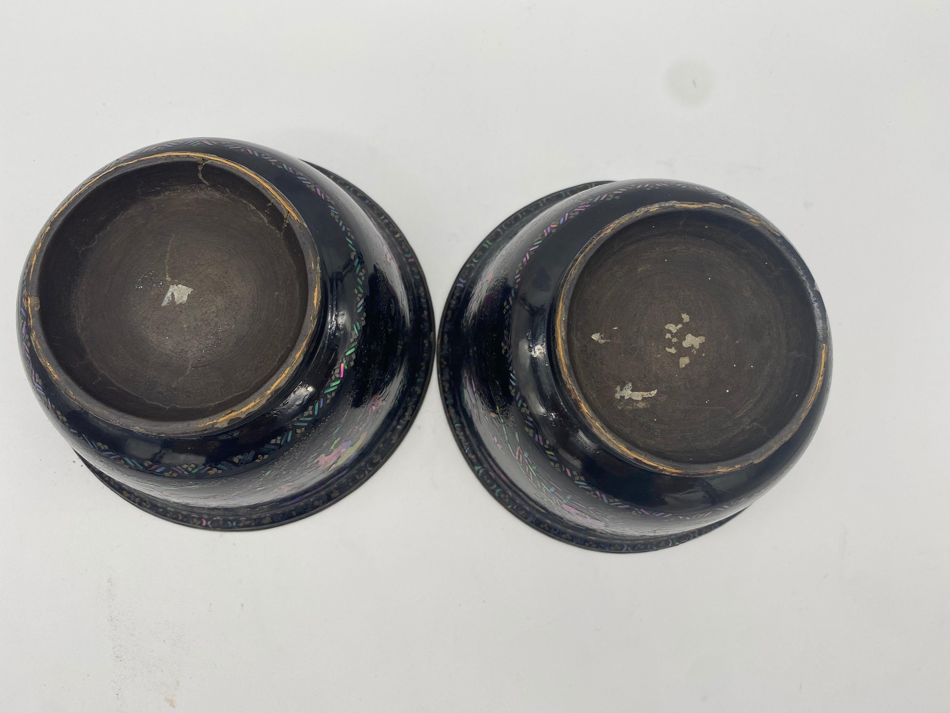 18th Century Pair of Chinese Silver Lacquer Bowls with Mother of Pearl Inlaid For Sale 5