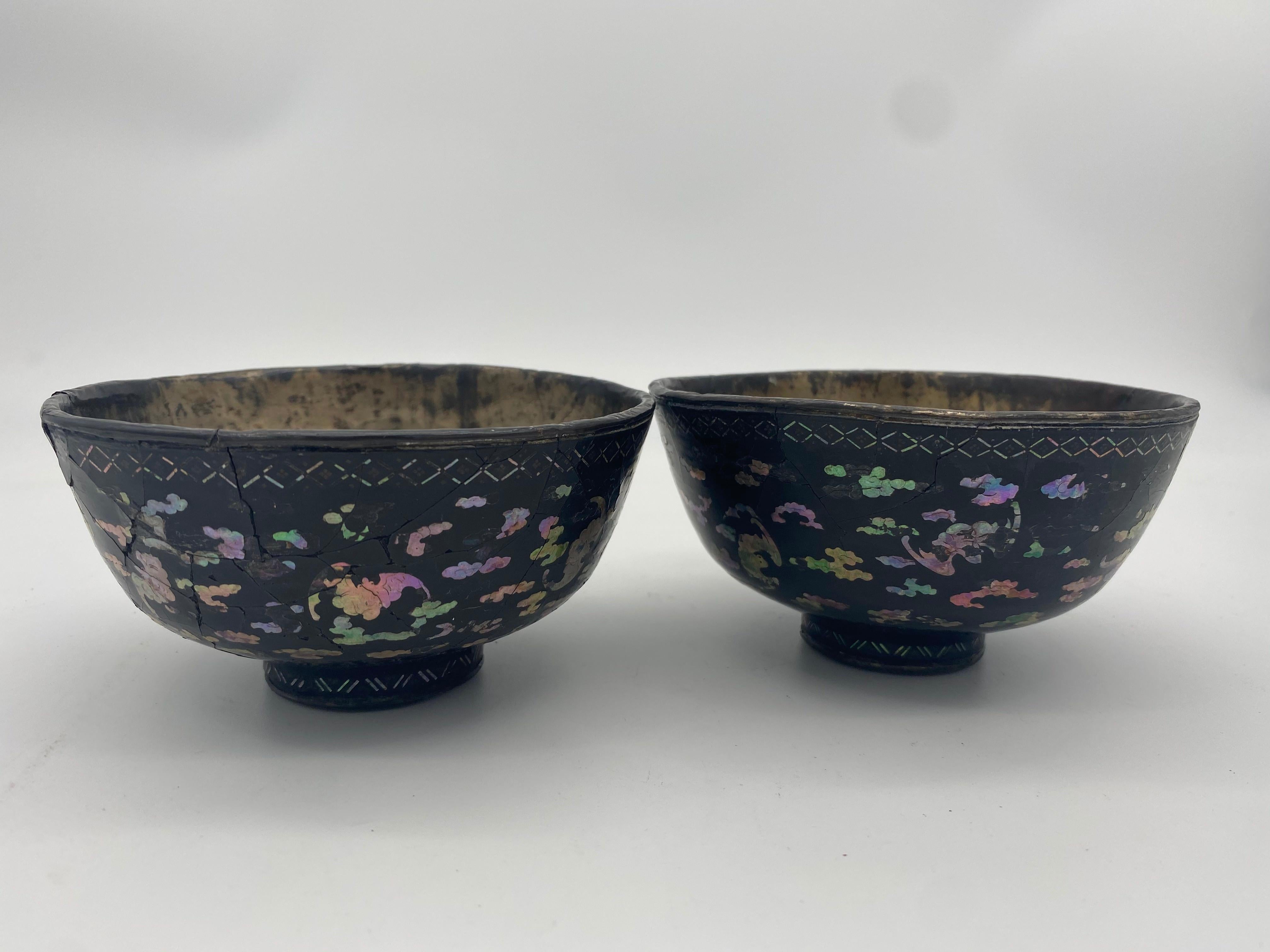 Pair of Chinese silver, lacquer, and mother of pearl burgaute 