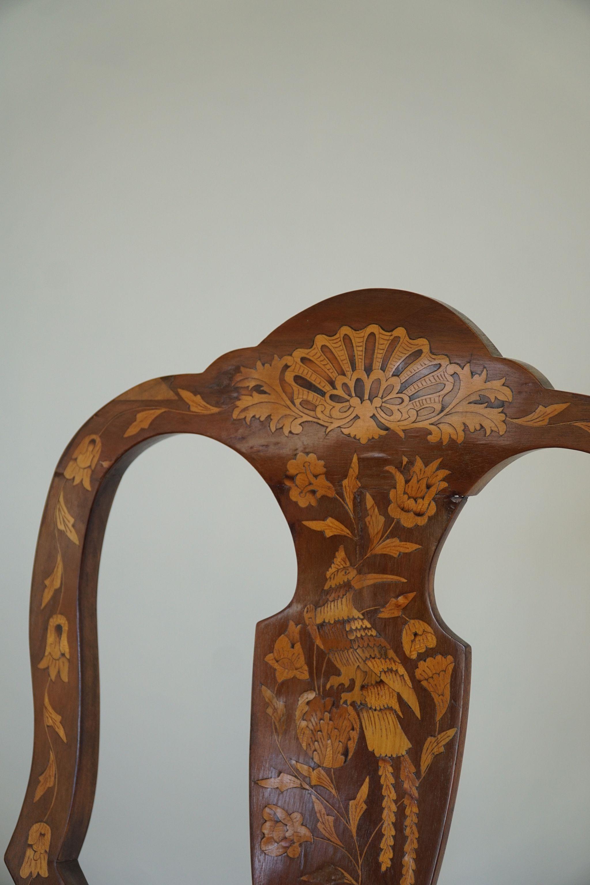 Rococo 18th Century, Pair of Dutch Marquetry Dining Chairs in Walnut & Elm