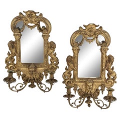 18th century Pair of elaborate Louis XVI Giltwood Mirrored Wall Candle Sconces