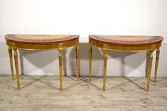 18th Century, Pair of England Inlaid Wood Demi-lune Consoles