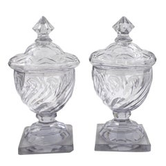 18th Century Pair of English Georgian Cut Swirled Glass Urns with Dome Lids