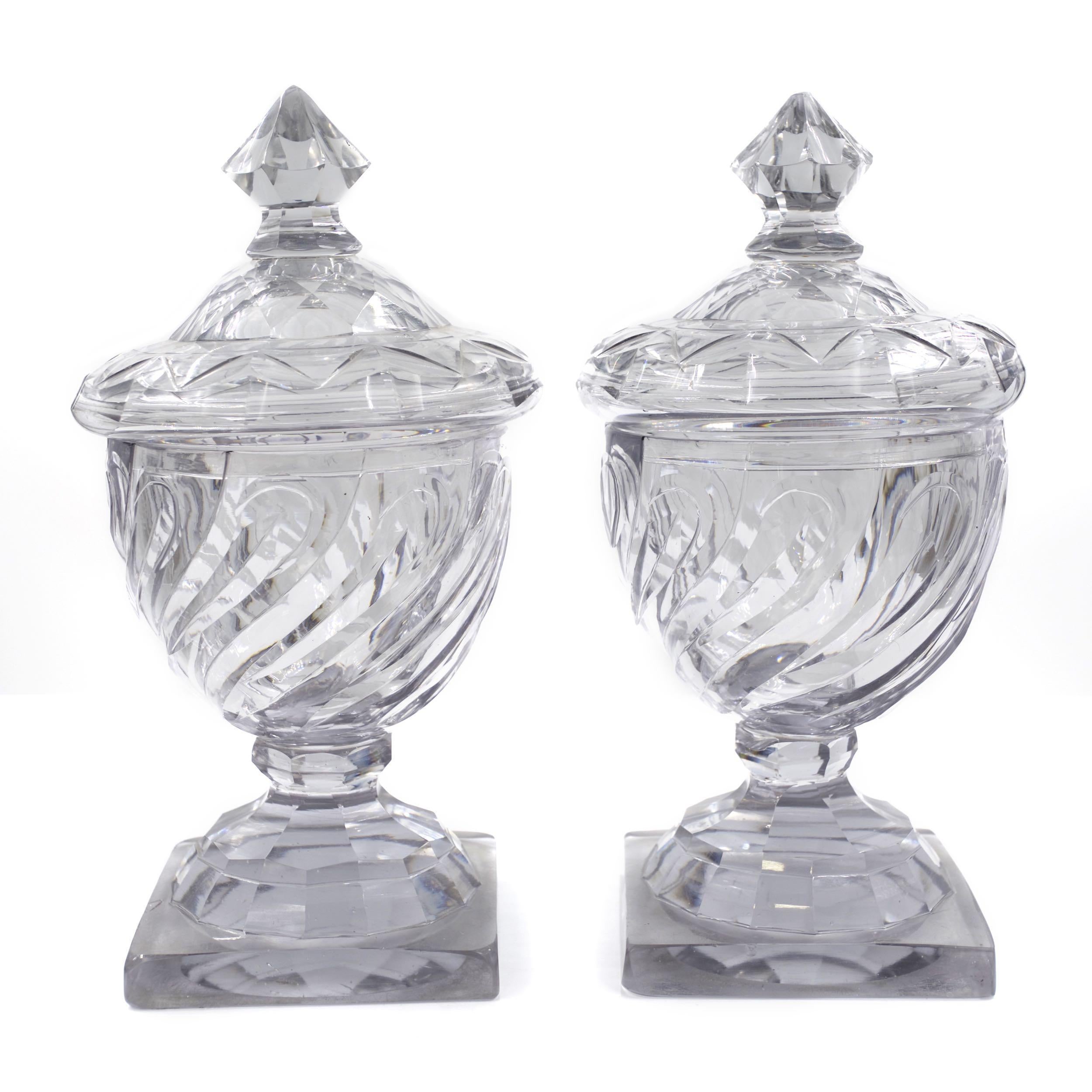 British 18th Century Pair of English Georgian Cut Swirled Glass Urns with Dome Lids