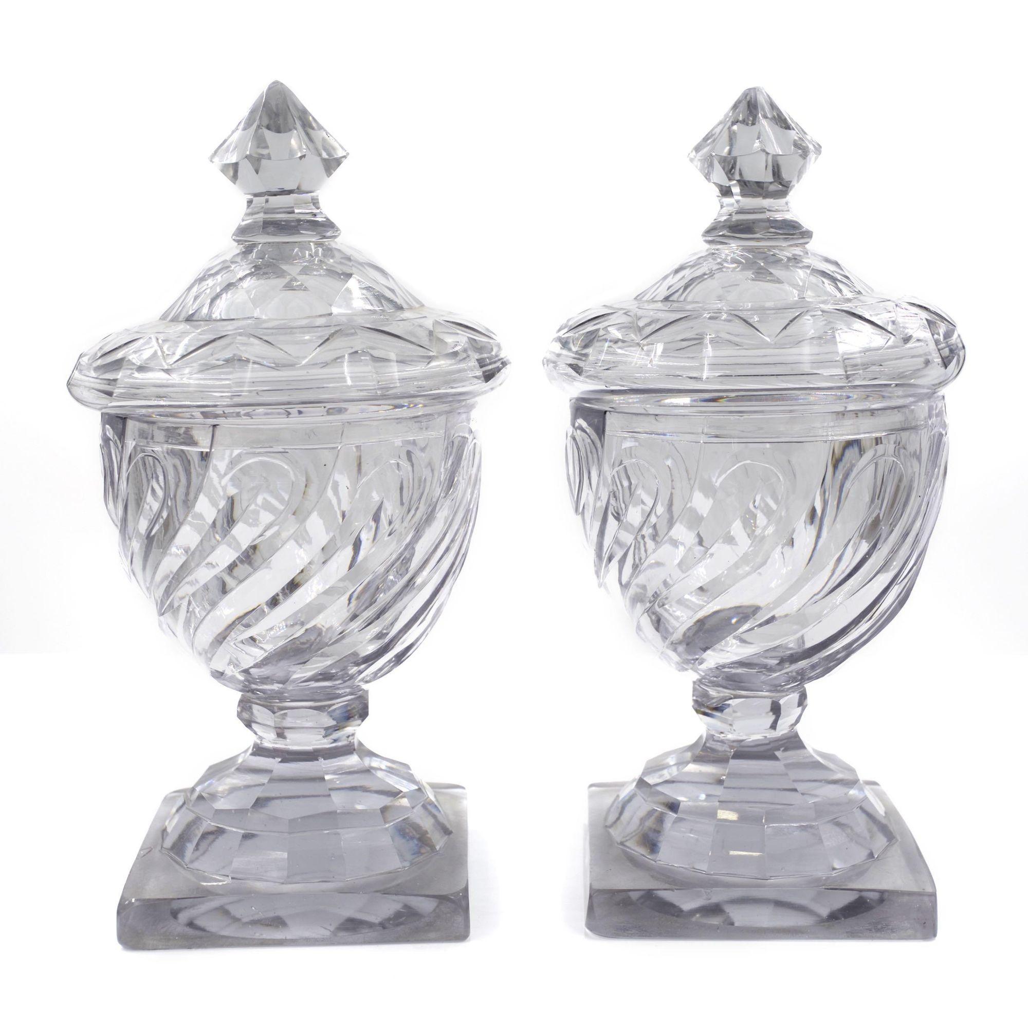 British 18th Century Pair of English Georgian Cut Swirled Glass Urns with Dome Lids For Sale