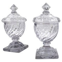 18th Century Pair of English Georgian Cut Swirled Glass Urns with Dome Lids