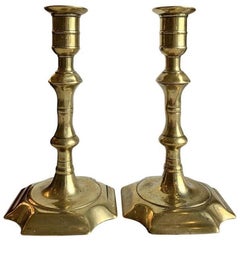 18th Century Pair of English Queen Anne Brass Candlesticks