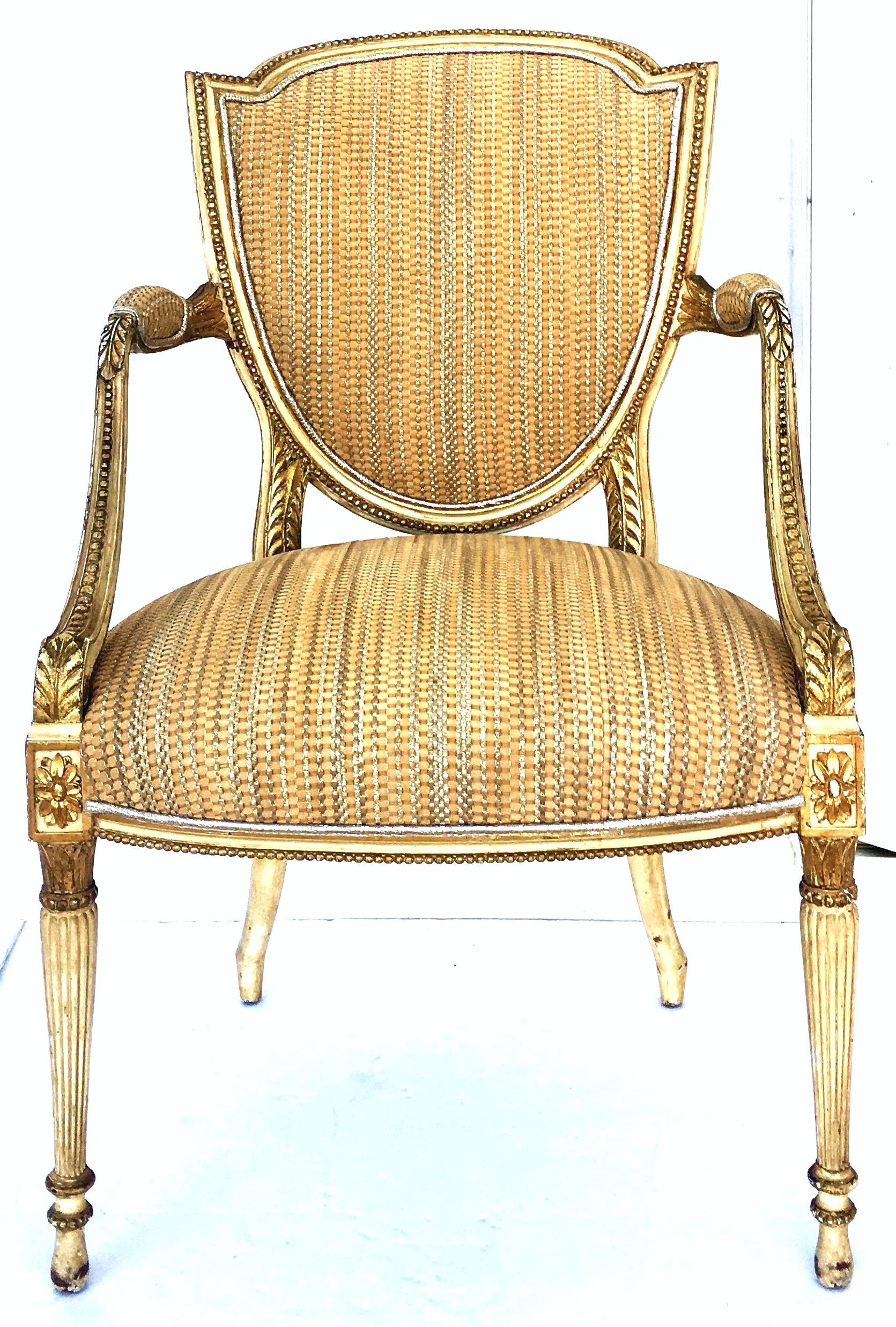 18th Century Pair Of Fine French Louis XVI Shield Gilt Wood & Leather Armchairs In Good Condition In West Palm Beach, FL