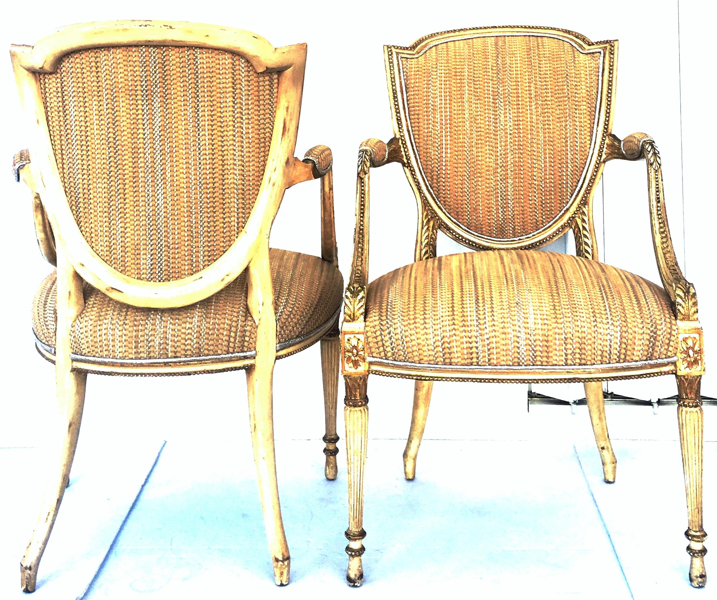 Hand-Painted 18th Century Pair Of Fine French Louis XVI Shield Gilt Wood & Leather Armchairs