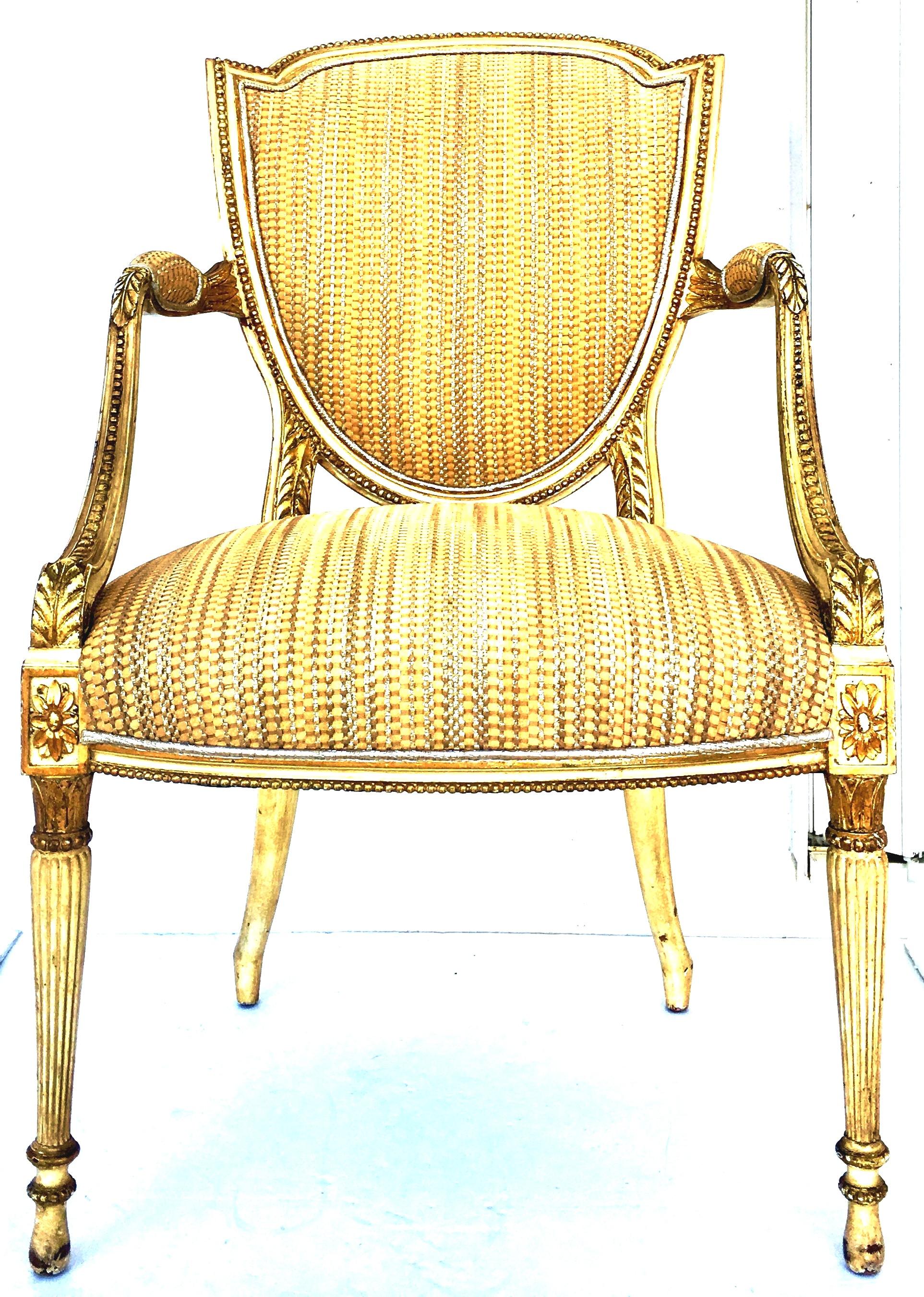 Hand-Painted 18th Century Pair of Fine French Louis XVI Shield Giltwood and Leather Armchairs For Sale