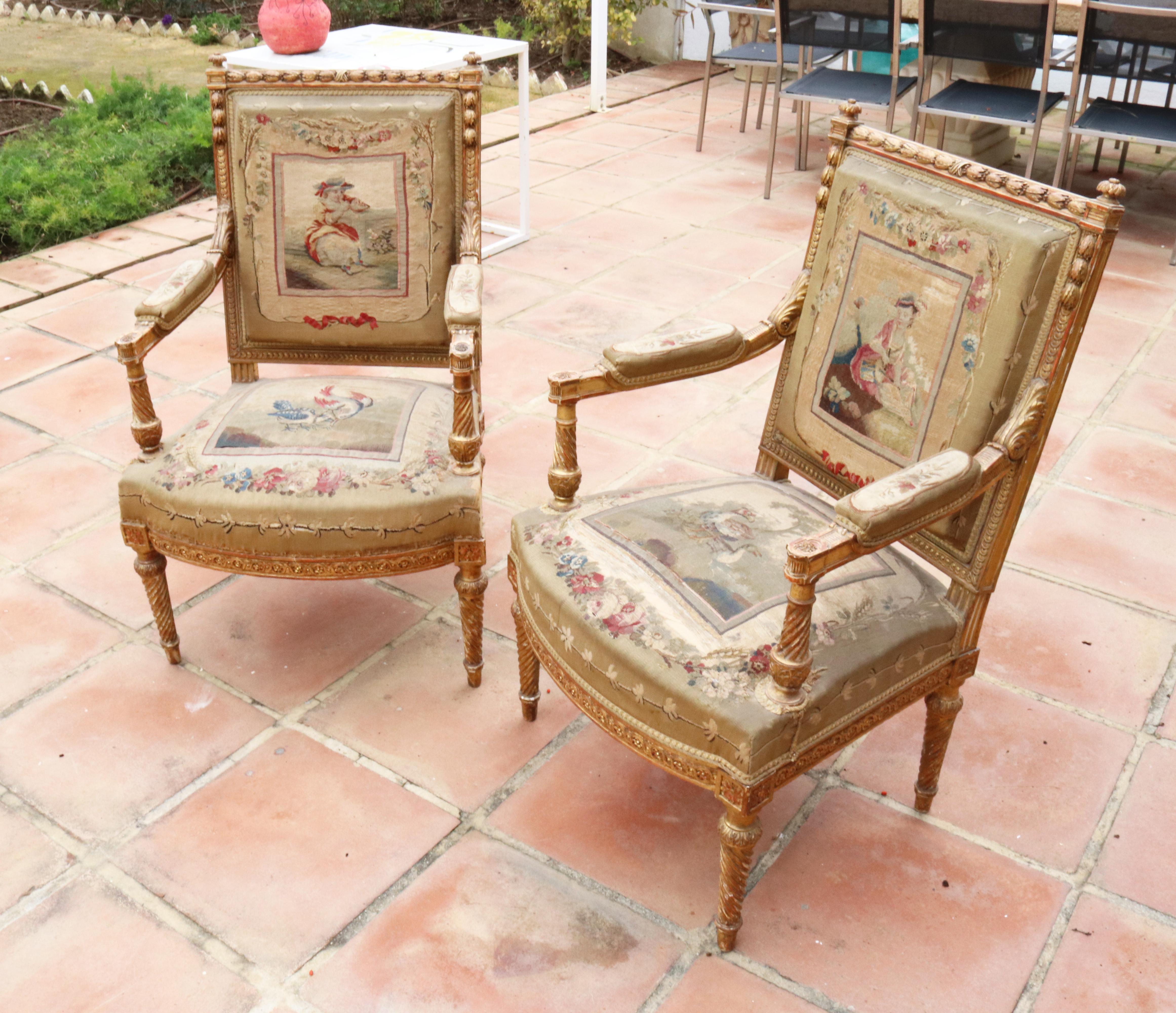 Embroidered 18th Century Pair of French Aubusson Armchairs with Gilded Wooden Frames For Sale