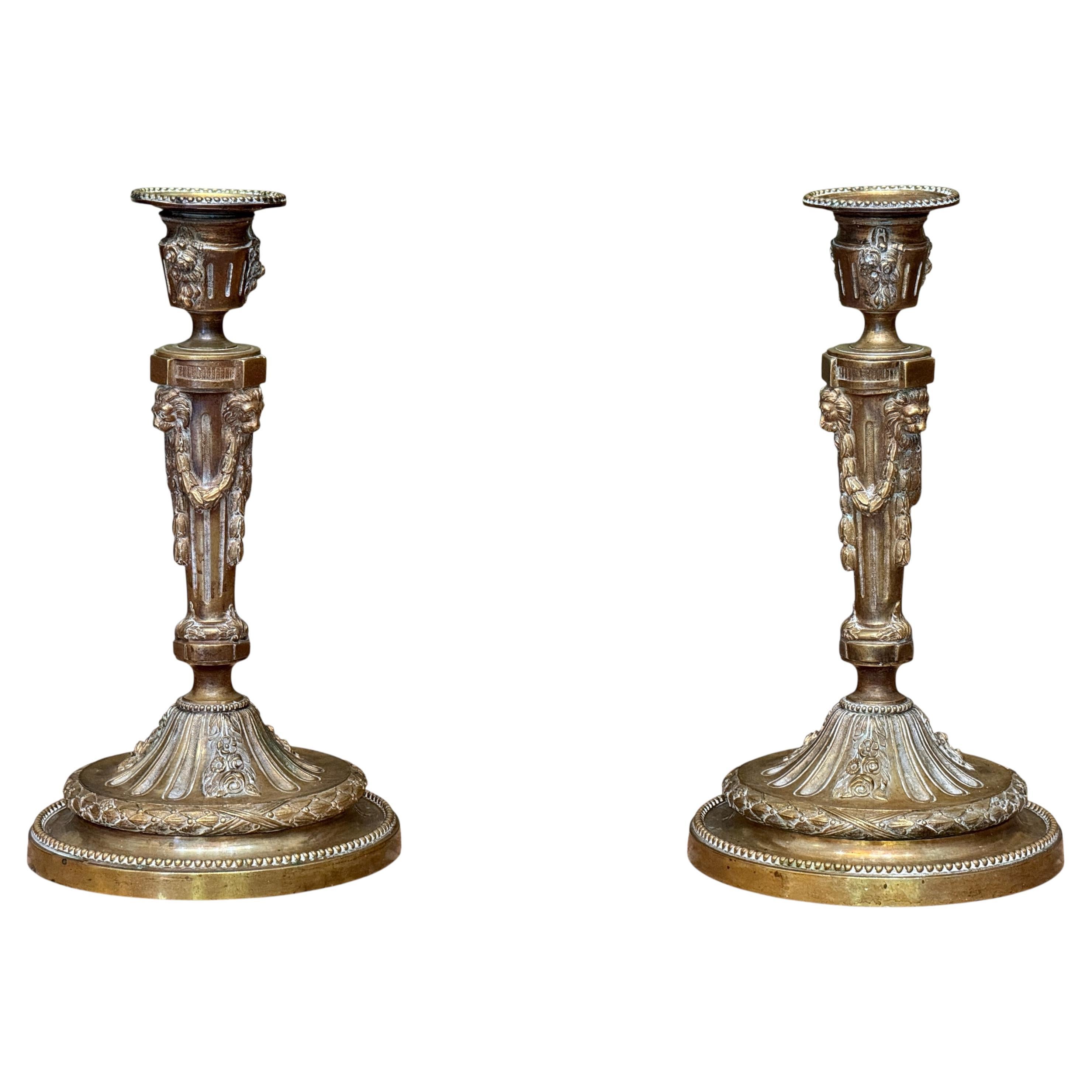 18th Century Pair of French Brass Candlesticks For Sale