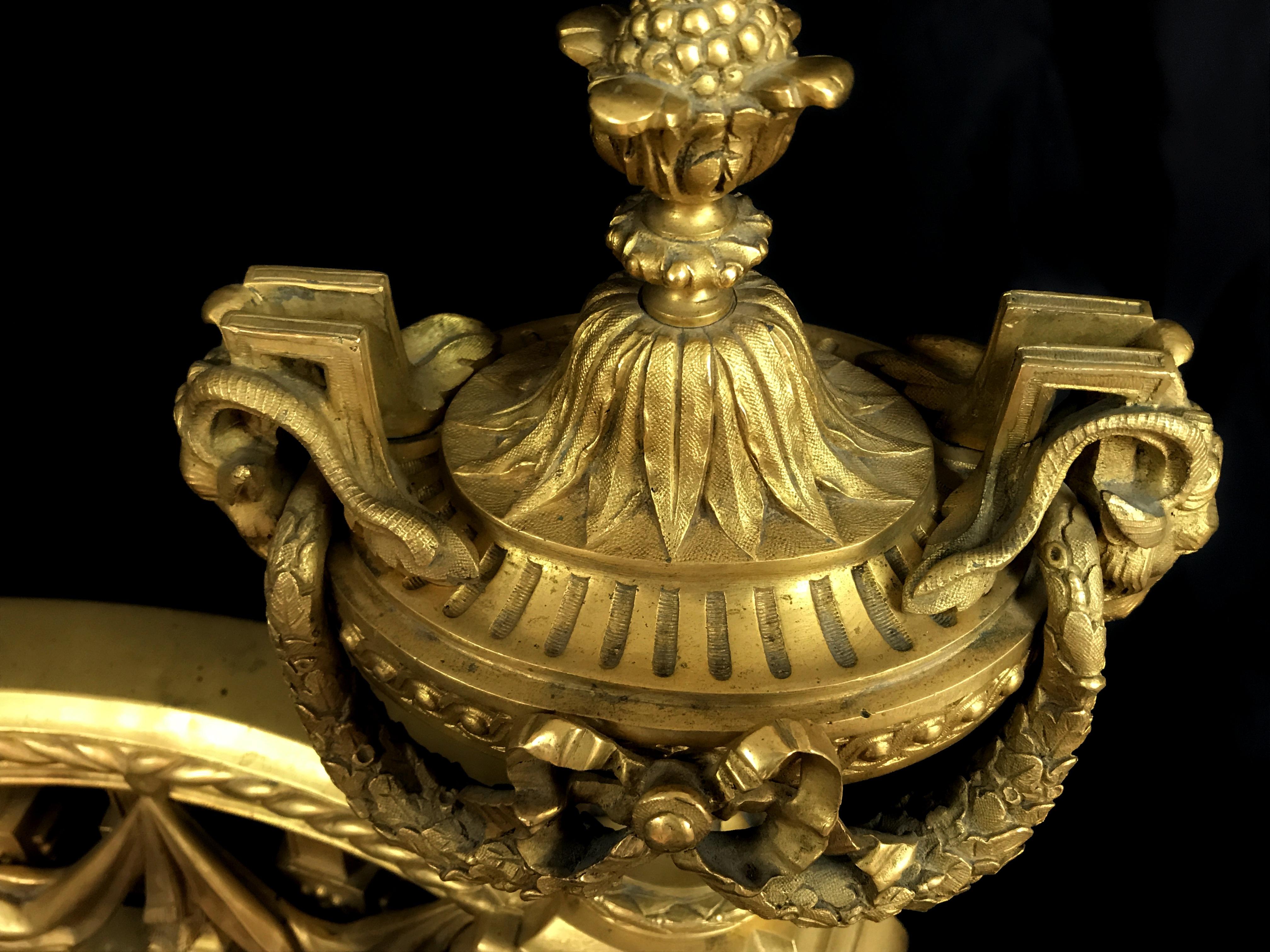 Louis XVI 18th Century, Pair of French Gilt Bronze Fireplace Chenets For Sale