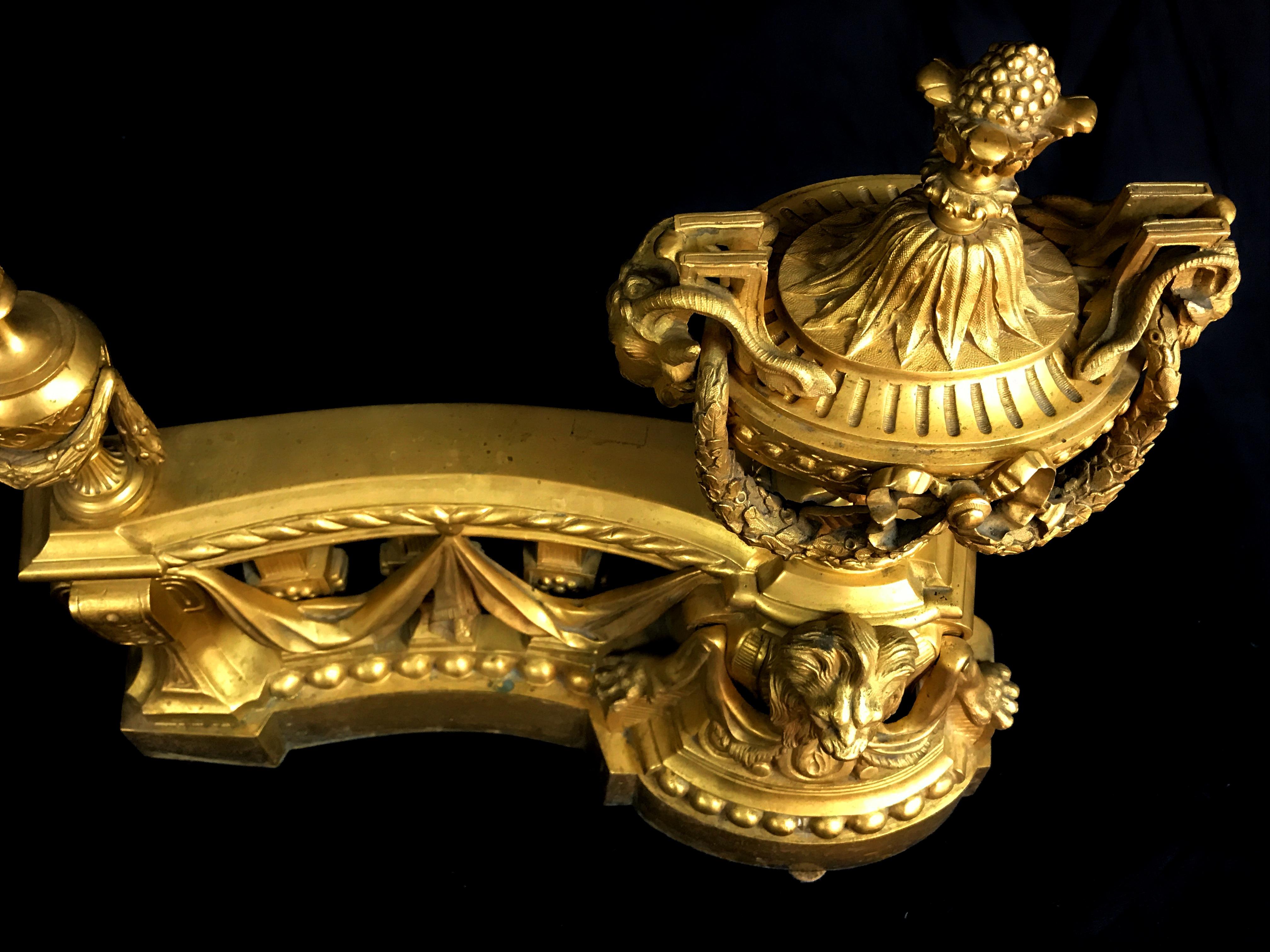 18th Century, Pair of French Gilt Bronze Fireplace Chenets For Sale 1