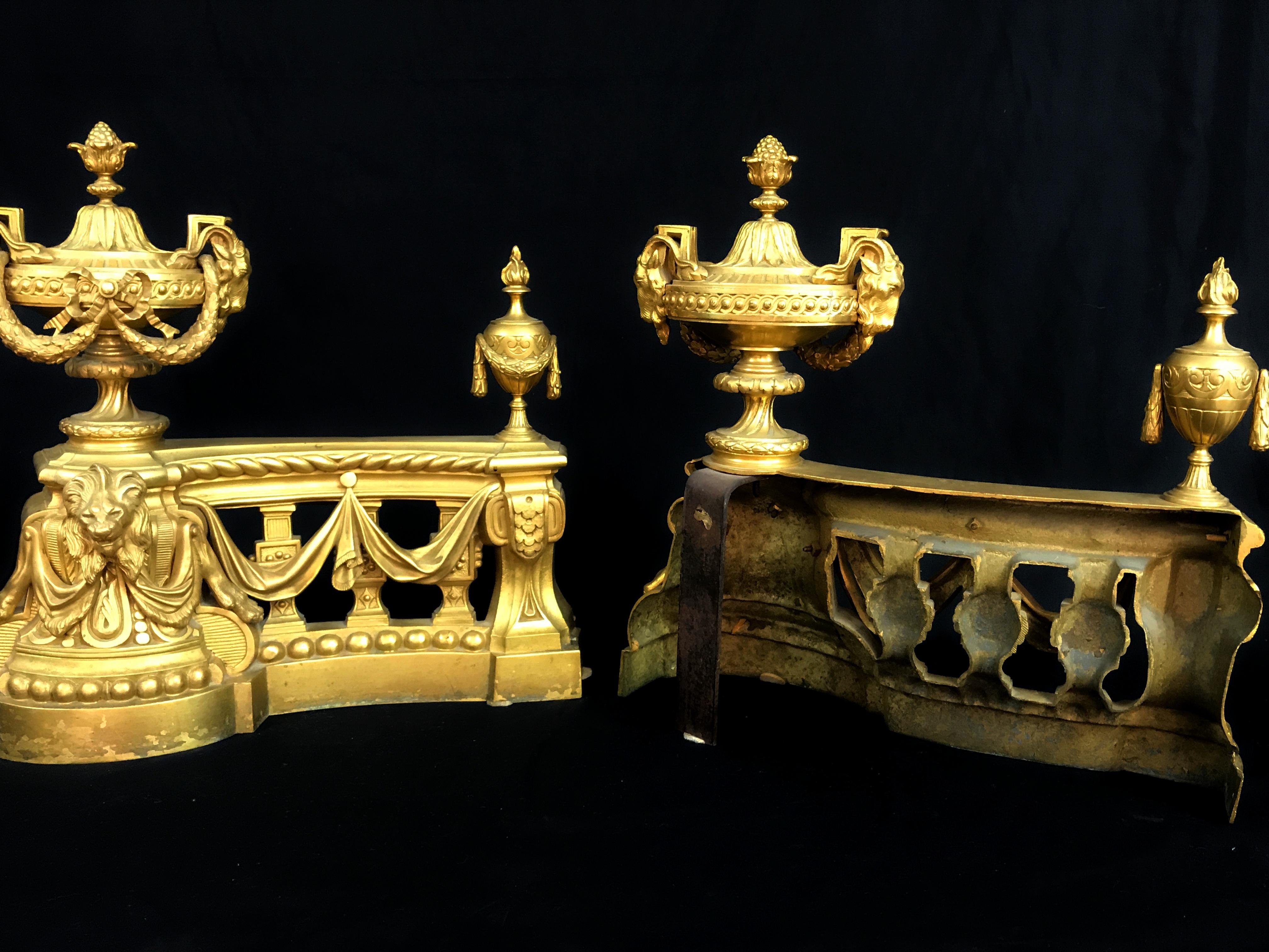 18th Century, Pair of French Gilt Bronze Fireplace Chenets For Sale 2