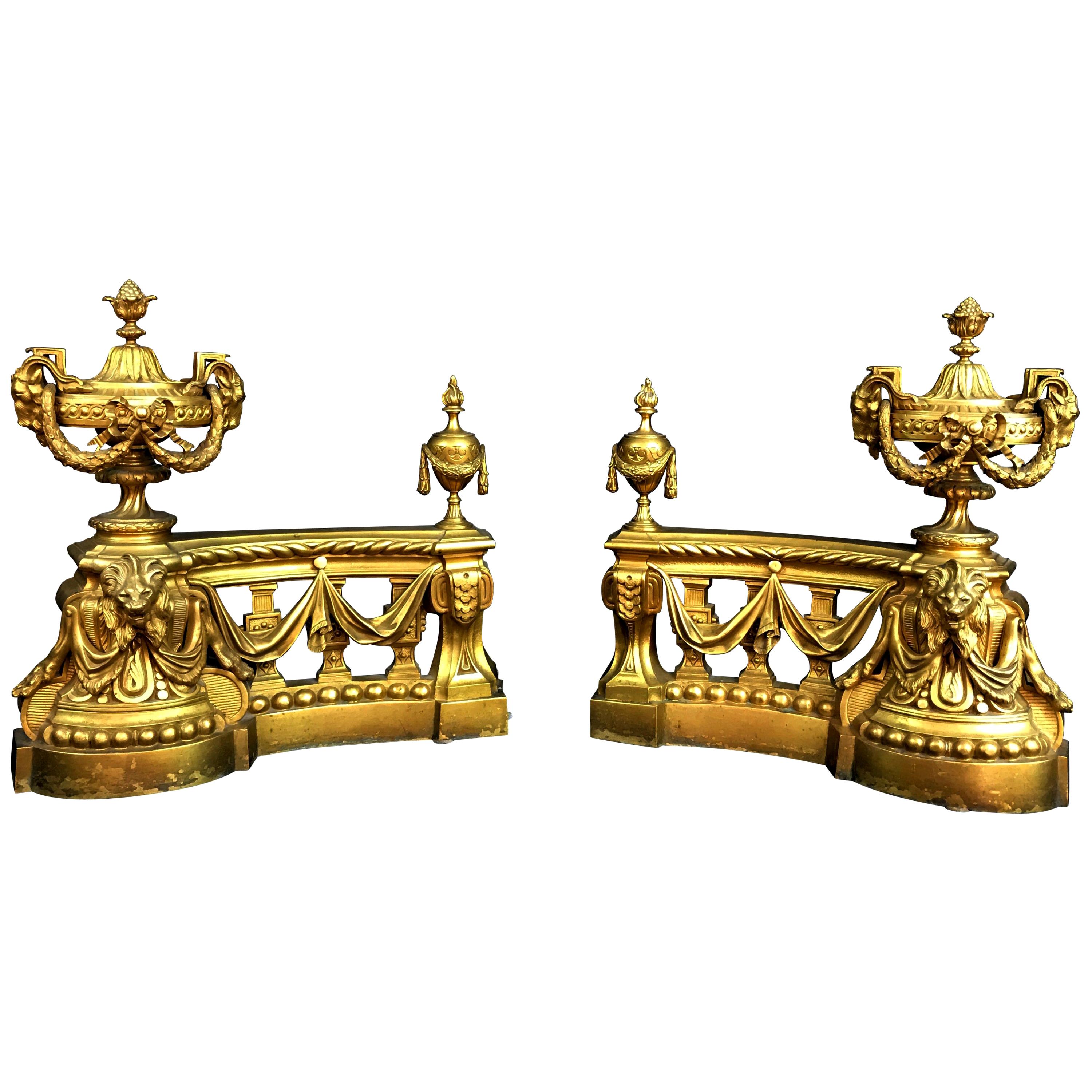 18th Century, Pair of French Gilt Bronze Fireplace Chenets For Sale