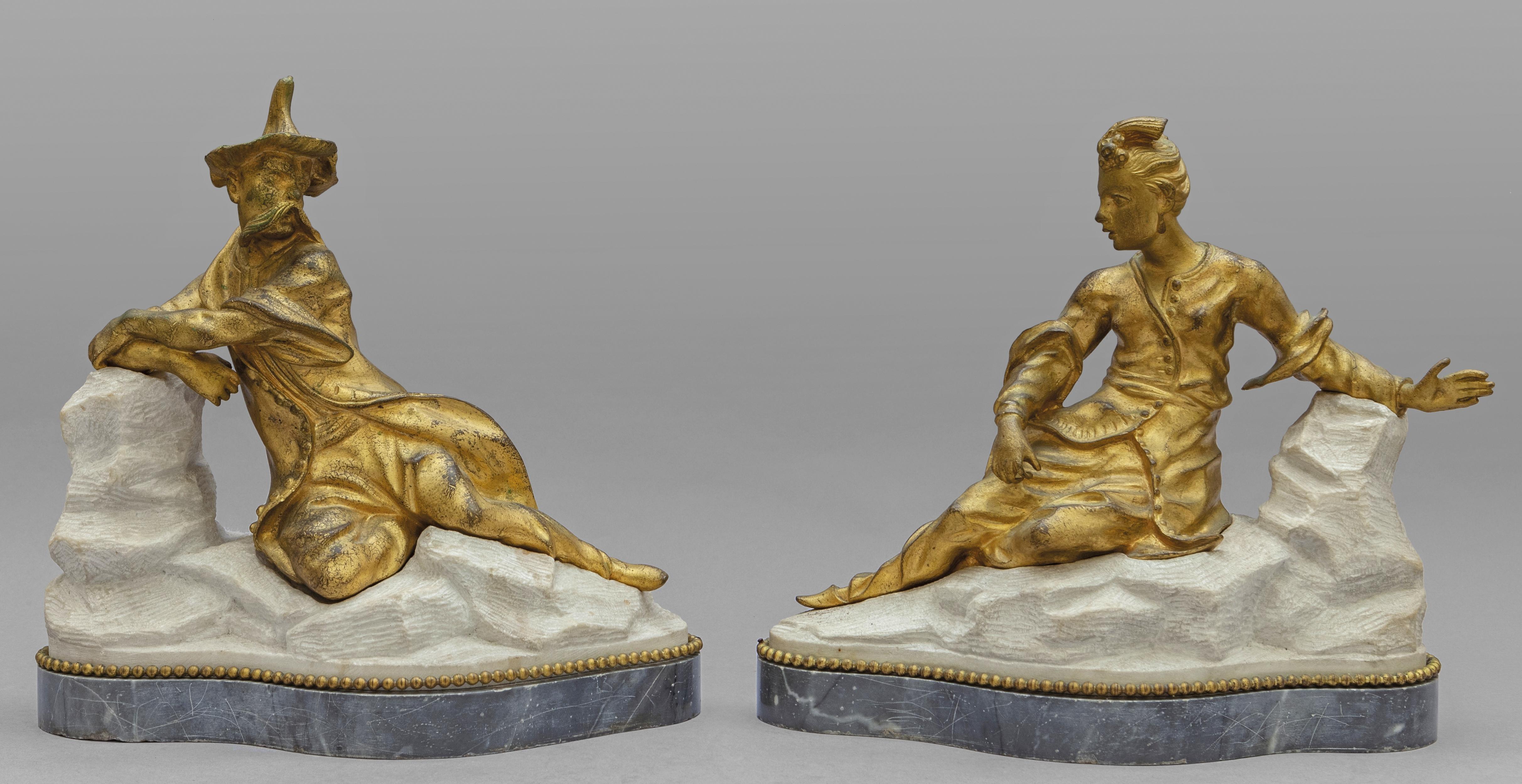 18th century pair of french gilt bronze sculptures on marble base representing Chinese figures

This particular and lovely pair of sculptures was made in France in the 18th century. It consists of two figures, one male and one female, made of
