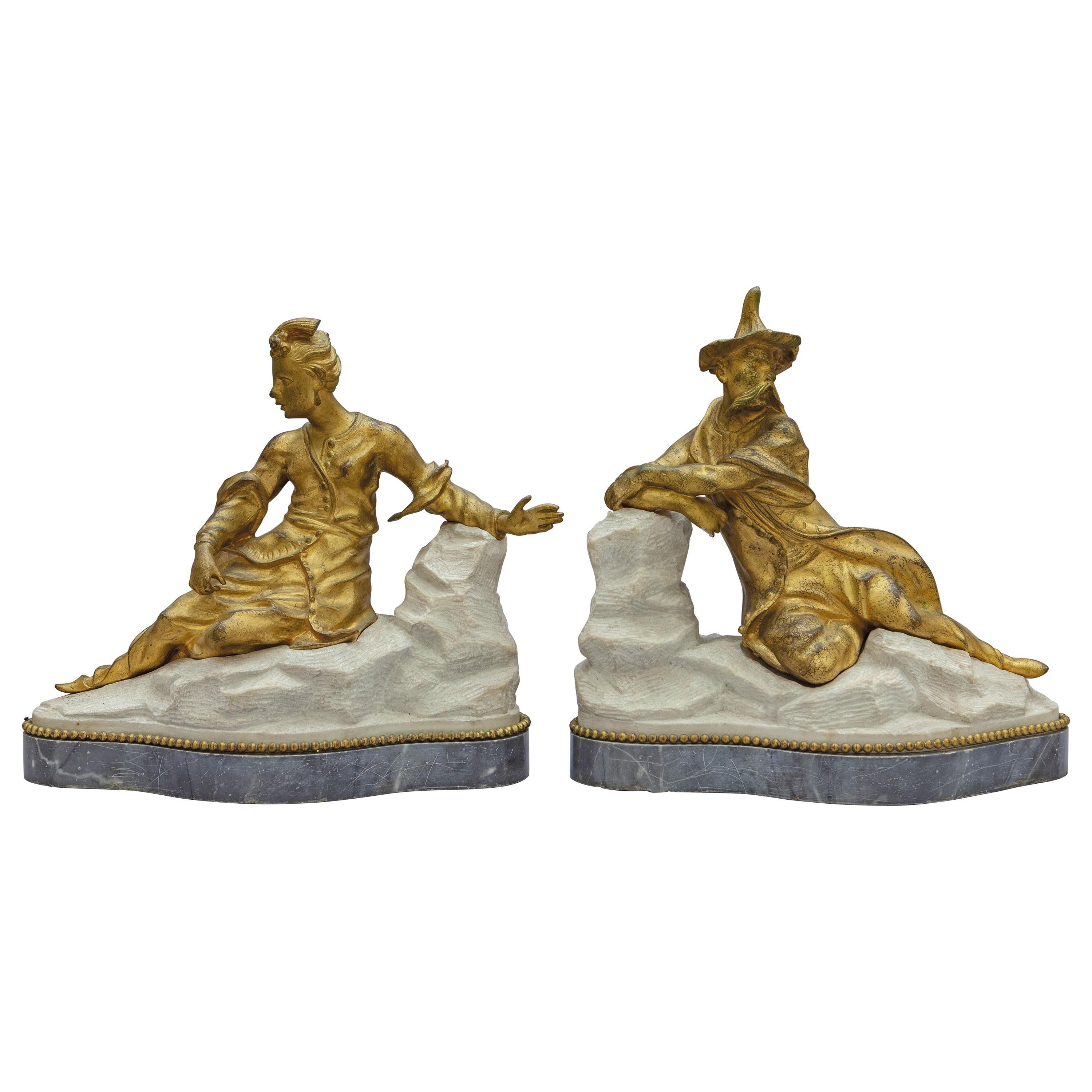 18th Century Pair of French Gilt Bronze Sculptures on Marble Base