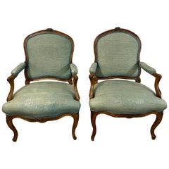 18th Century Pair of French Louis XV Carved Walnut Armchairs