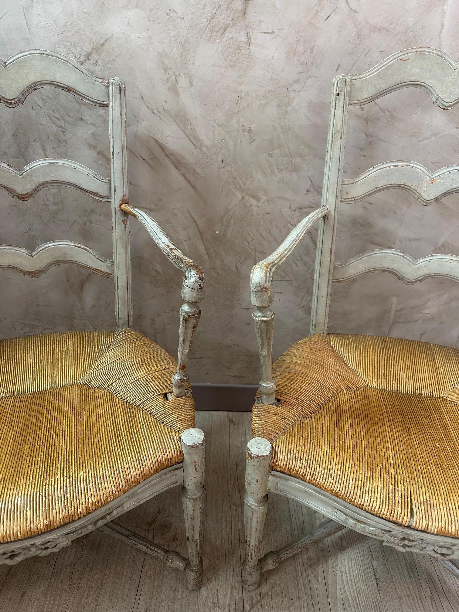 18th Century 18th century, Pair of French Provincial Straw and Wood Armchair