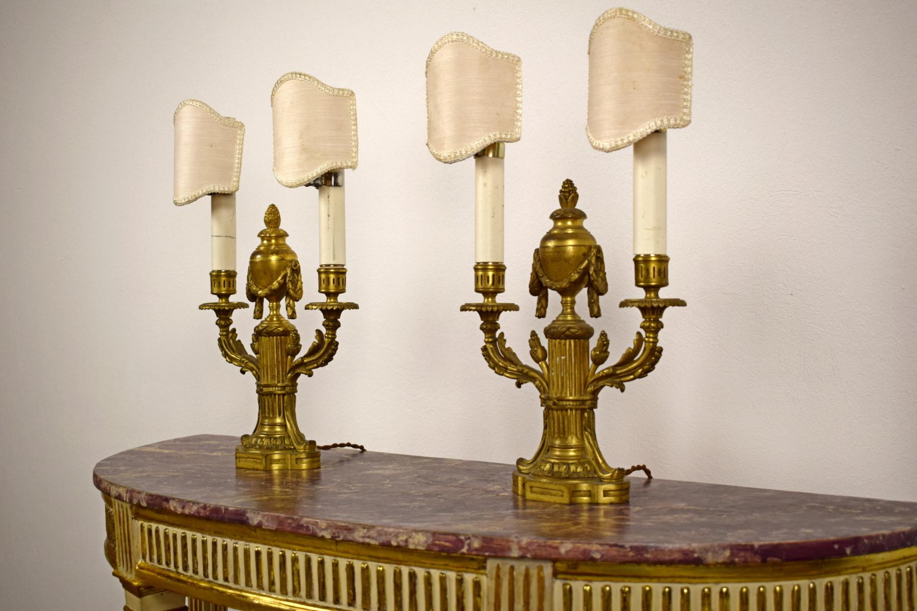 19th Century, Pair of French Louis XVI style Two Lights Gilt Bronze Candlesticks For Sale 8