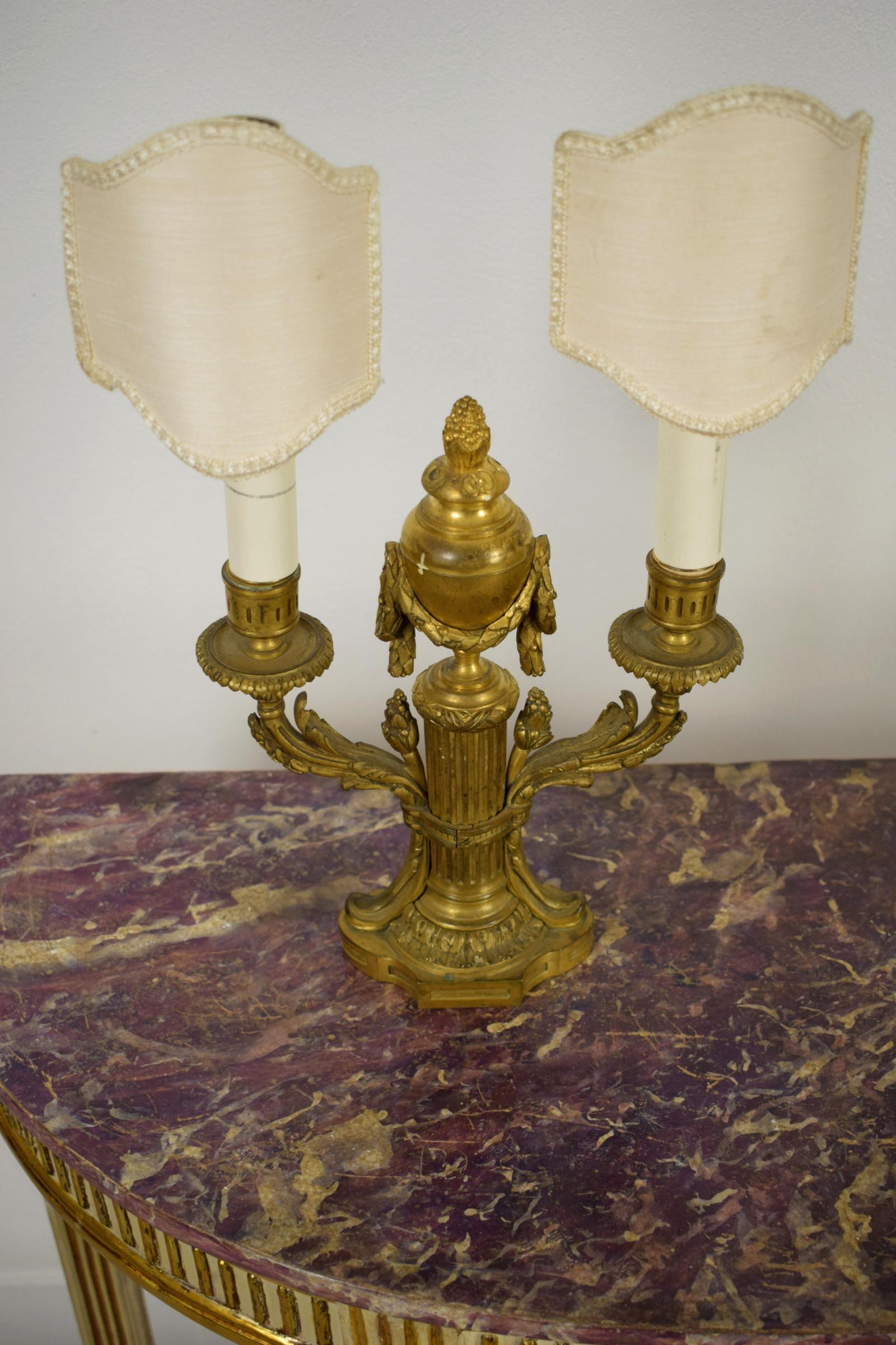 19th Century, Pair of French Louis XVI style Two Lights Gilt Bronze Candlesticks For Sale 9