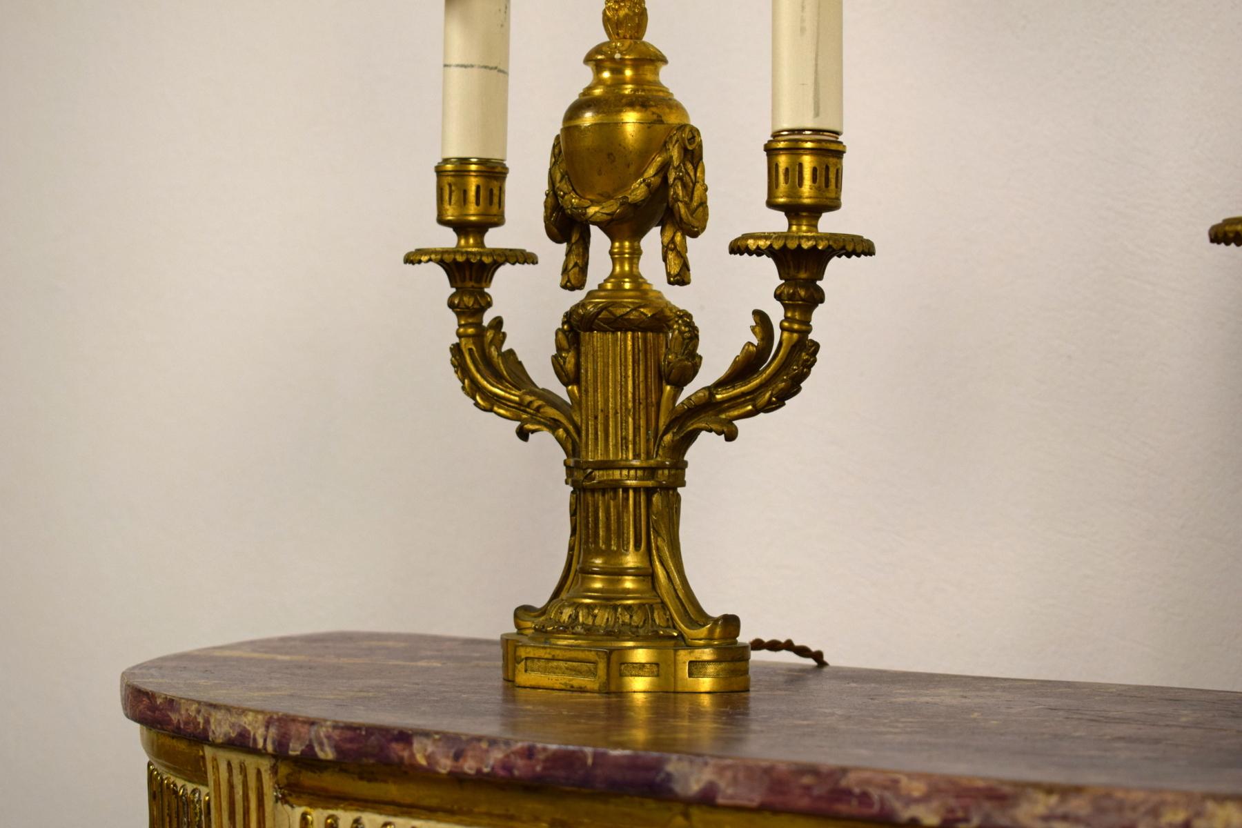 19th Century, Pair of French Louis XVI style Two Lights Gilt Bronze Candlesticks For Sale 11