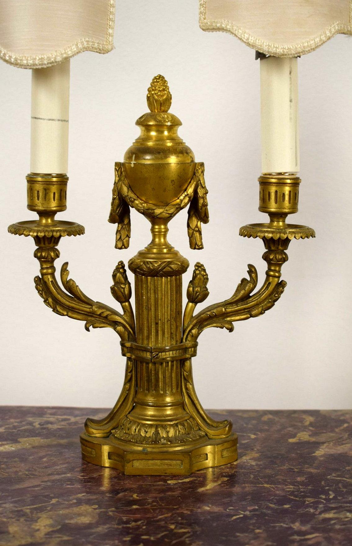 19th Century, Pair of French Louis XVI style Two Lights Gilt Bronze Candlesticks For Sale 14
