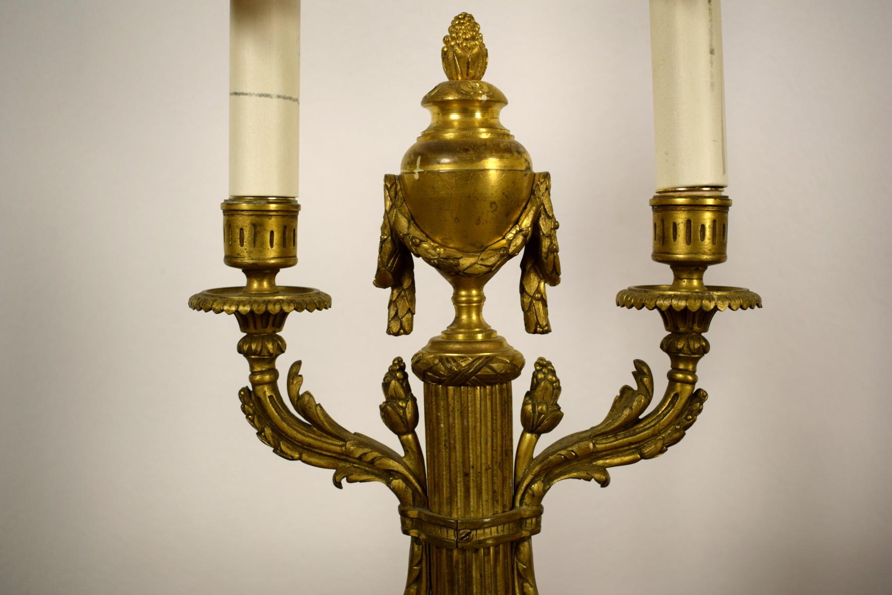 19th Century, Pair of French Louis XVI style Two Lights Gilt Bronze Candlesticks For Sale 15