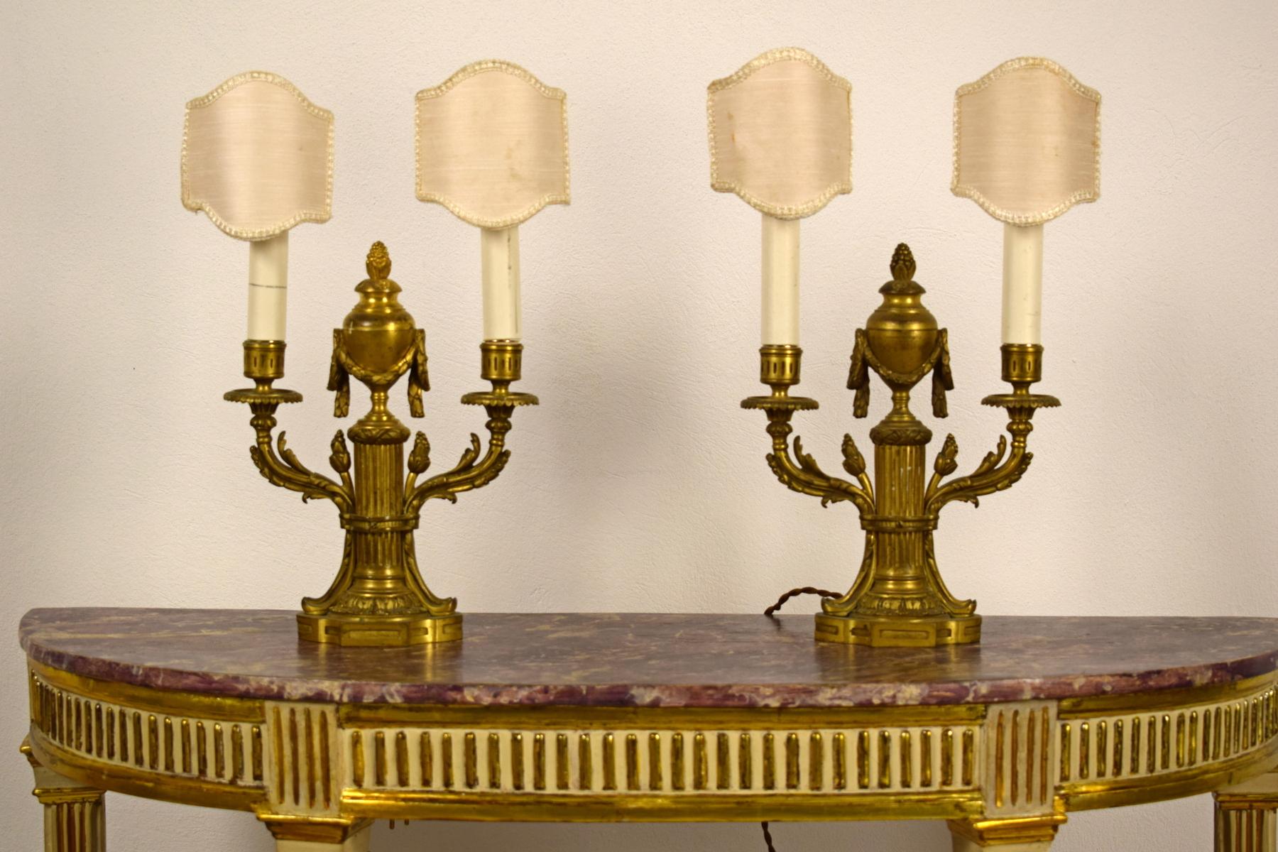 19th Century, Pair of French Louis XVI style Two Lights Gilt Bronze Candlesticks For Sale 16