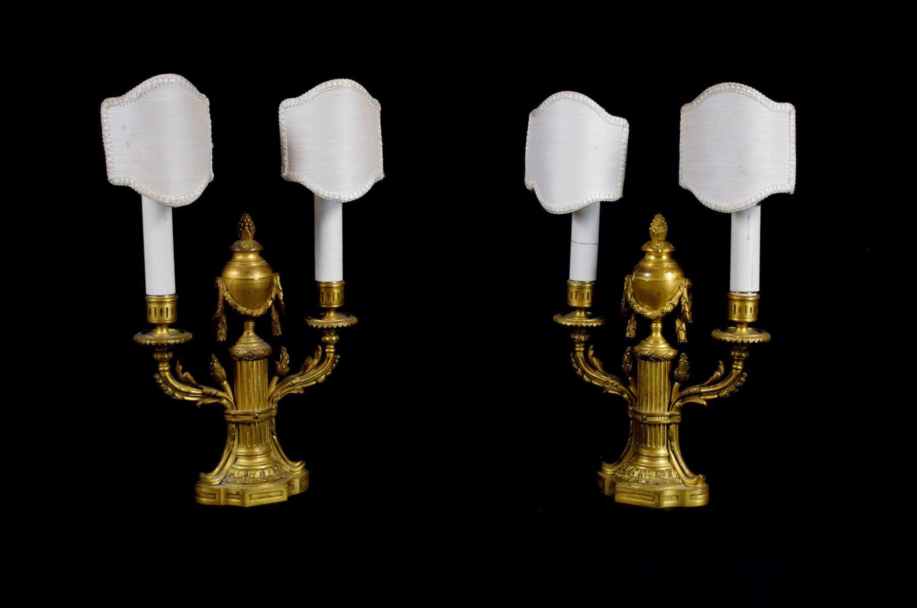 19th Century, Pair of French Louis XVI style Two Lights Gilt Bronze Candlesticks For Sale 1