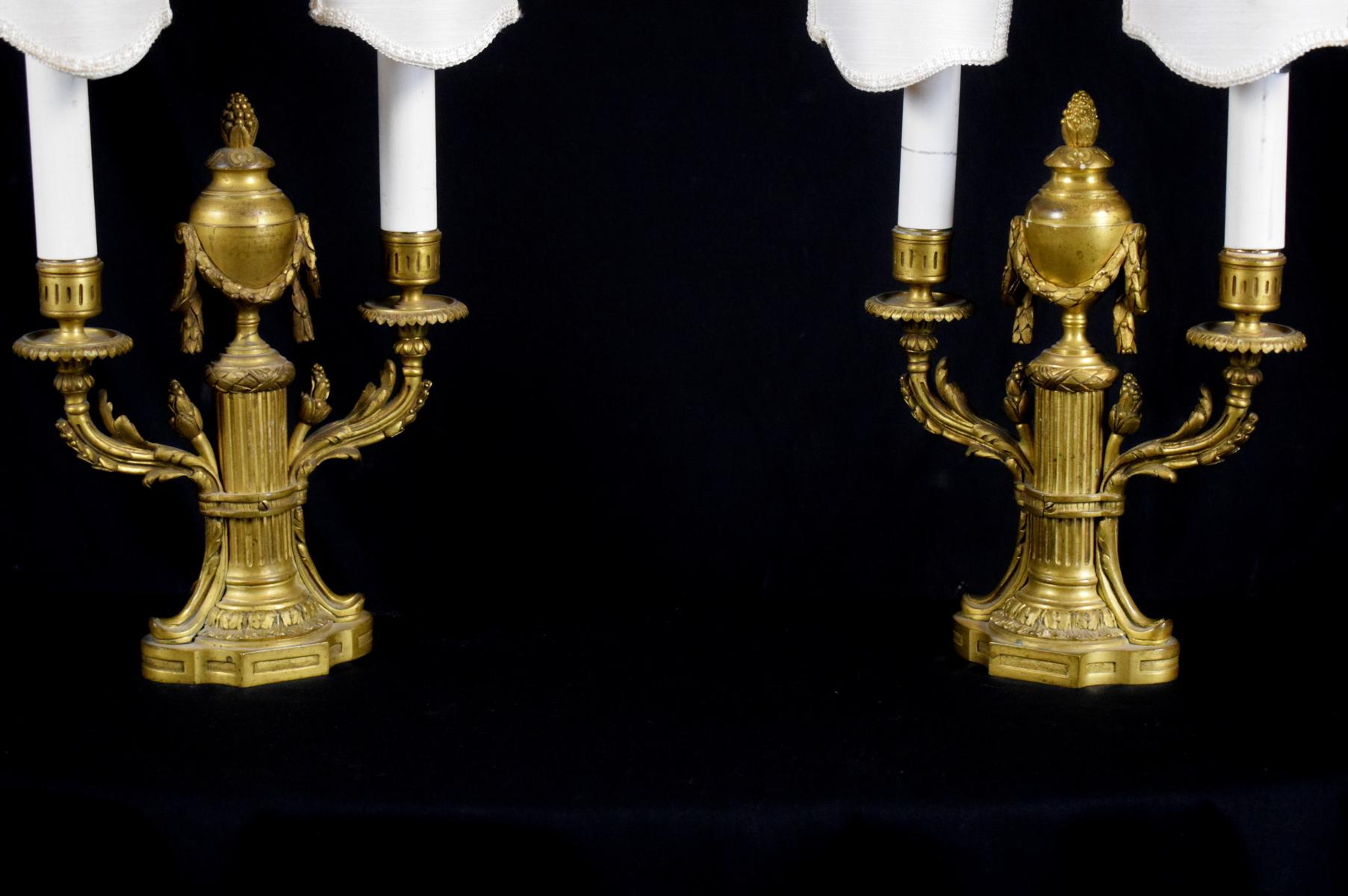 19th Century, Pair of French Louis XVI style Two Lights Gilt Bronze Candlesticks For Sale 3