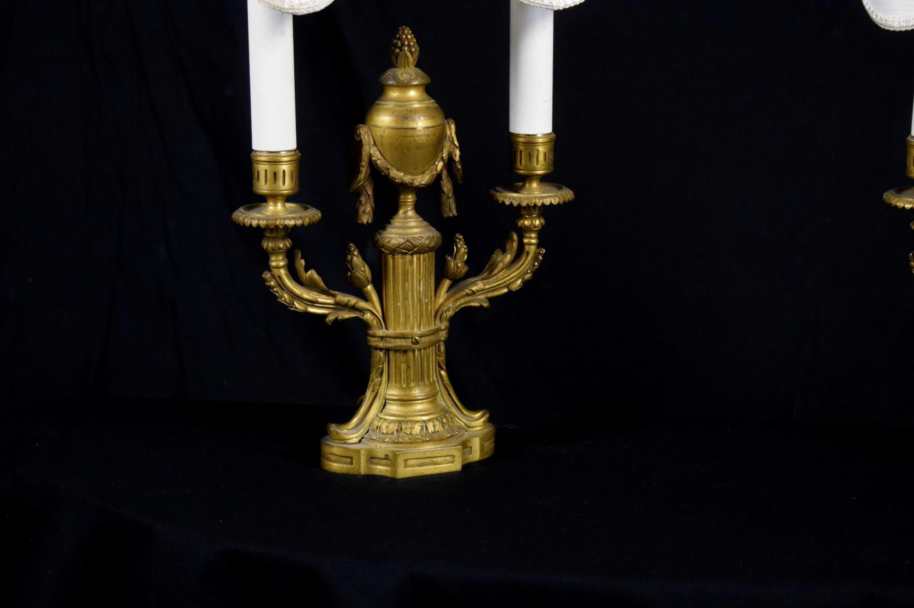 19th Century, Pair of French Louis XVI style Two Lights Gilt Bronze Candlesticks For Sale 4