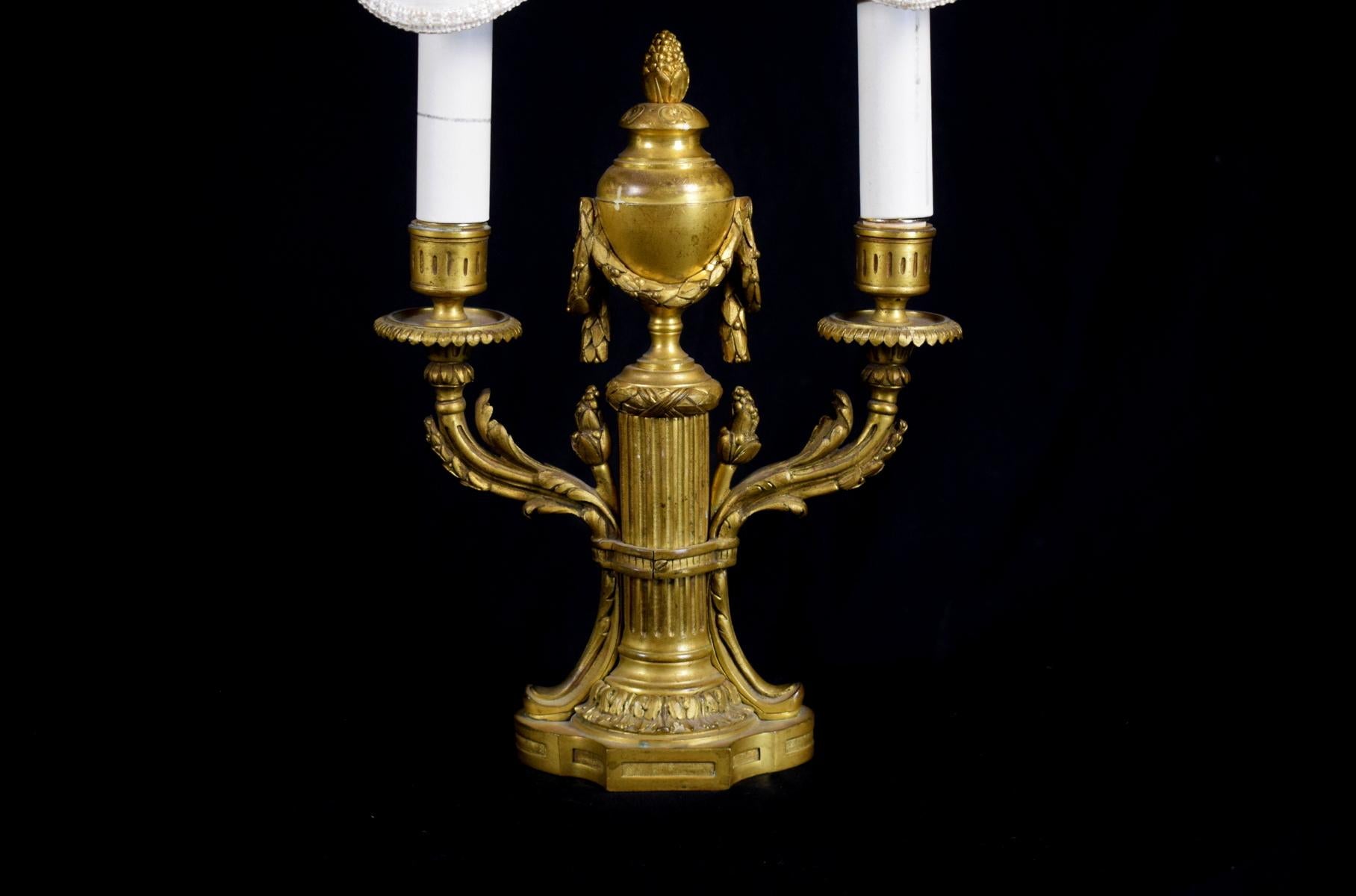 19th Century, Pair of French Louis XVI style Two Lights Gilt Bronze Candlesticks For Sale 5