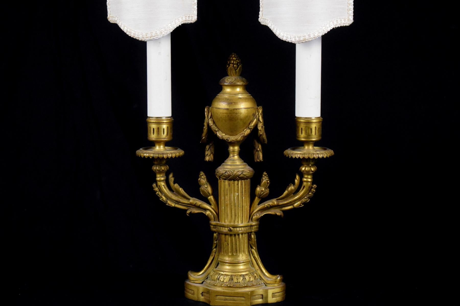 19th Century, Pair of French Louis XVI style Two Lights Gilt Bronze Candlesticks For Sale 6