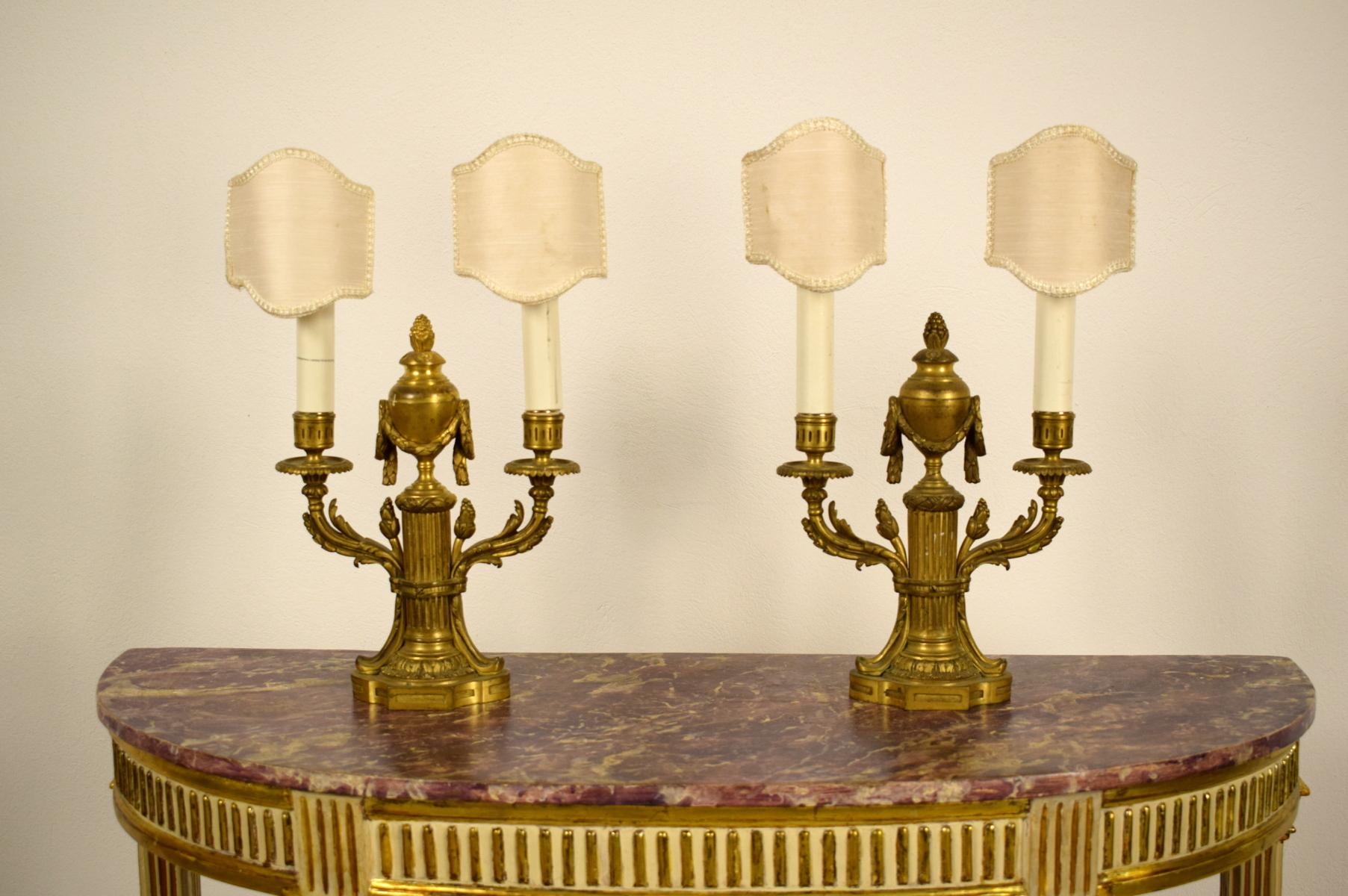 19th Century, Pair of French Louis XVI style Two Lights Gilt Bronze Candlesticks For Sale 7