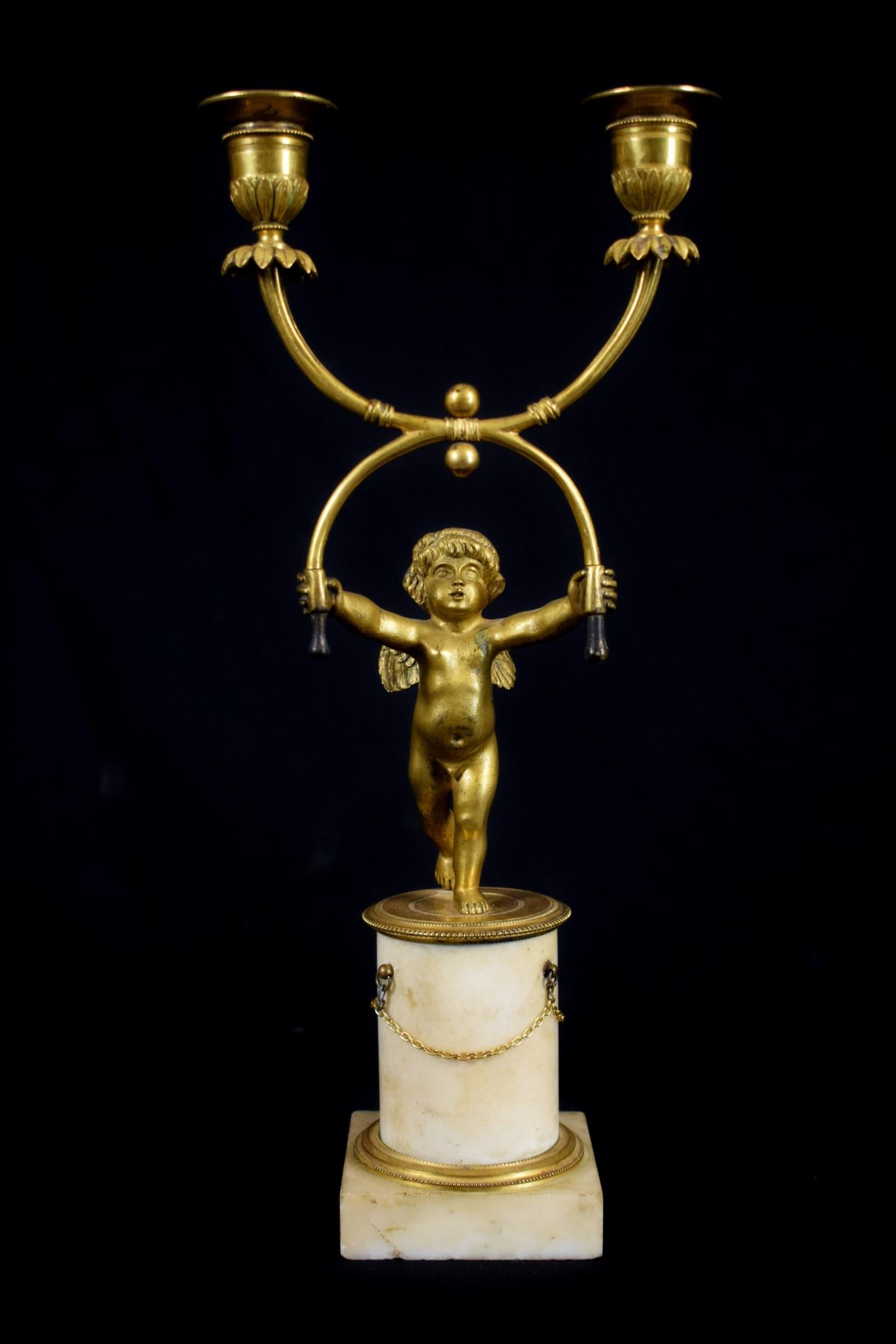 18th Century, Pair of French Two-Light Gilt Bronze Candlesticks For Sale 5