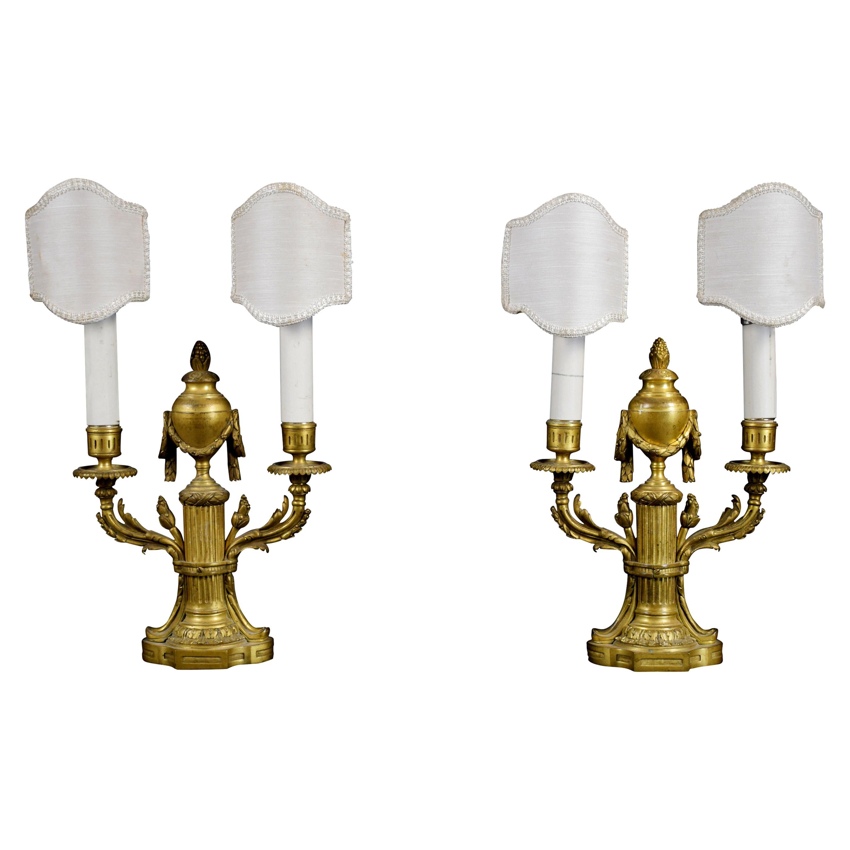19th Century, Pair of French Louis XVI style Two Lights Gilt Bronze Candlesticks