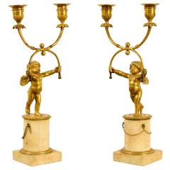 18th Century, Pair of French Two-Light Gilt Bronze Candlesticks