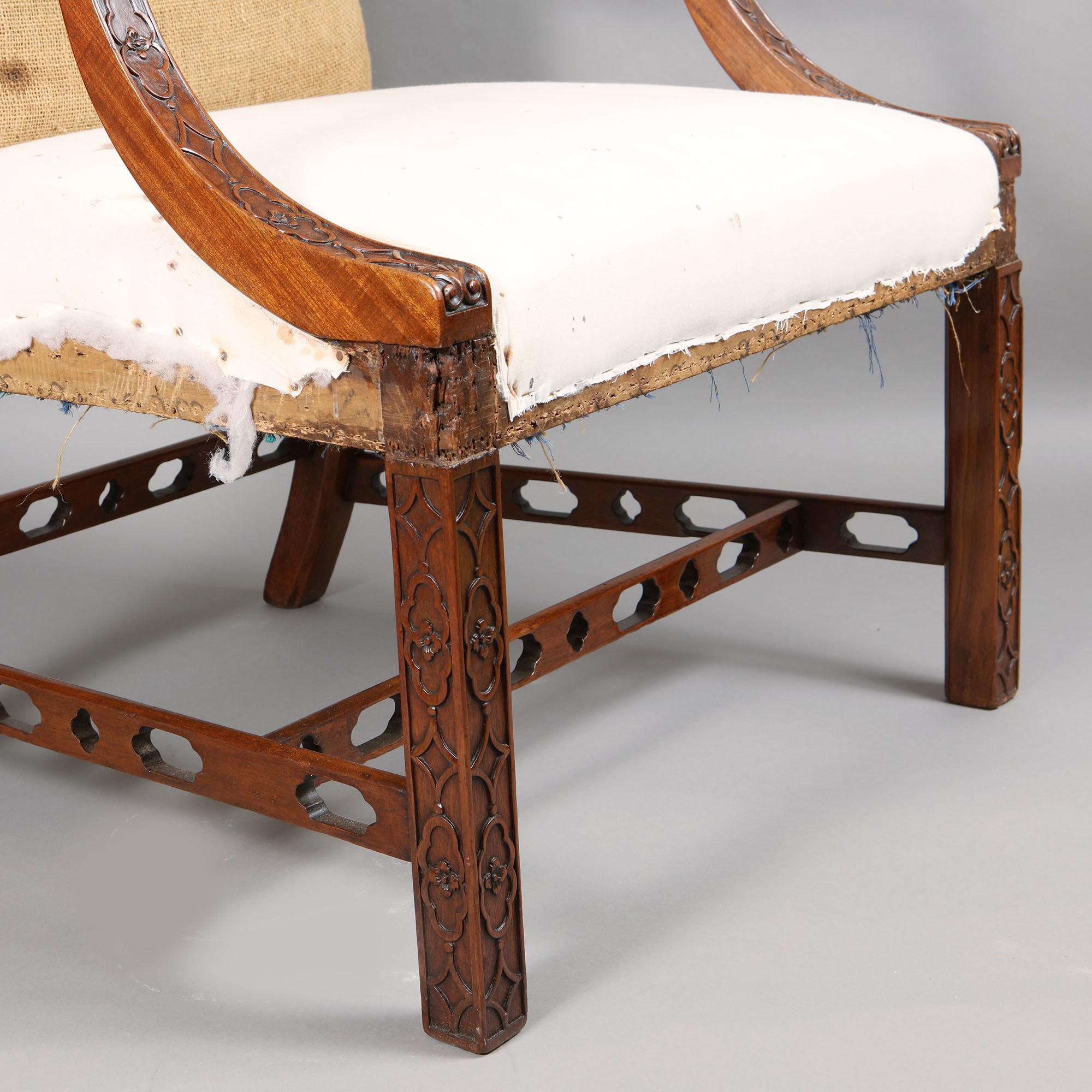 Hand-Carved 18th Century Pair of George III Mahogany Fretwork Gainsborough Armchairs