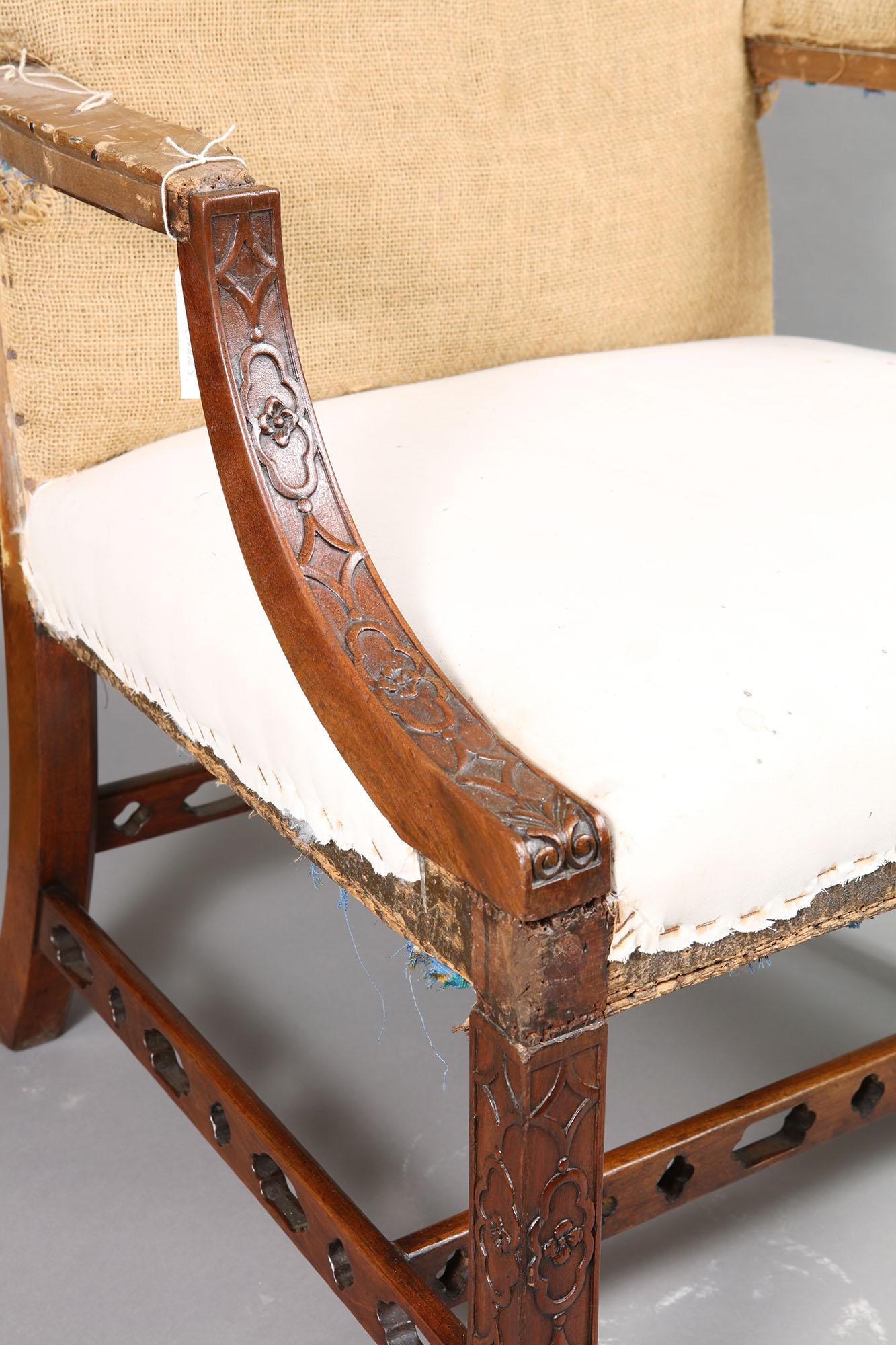 18th Century Pair of George III Mahogany Fretwork Gainsborough Armchairs In Good Condition In London, by appointment only