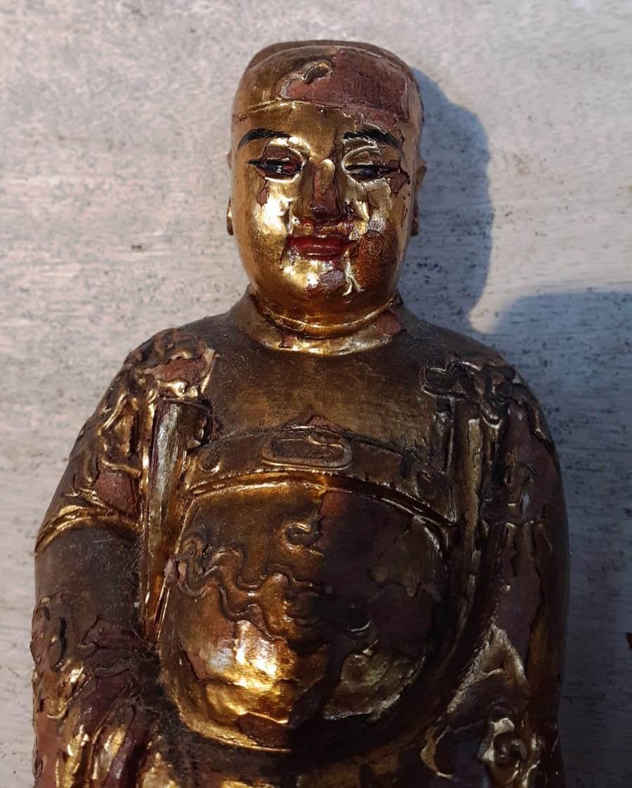 18th Century Pair of Gilded Hand Carved Wooden Buddhist Monks 6