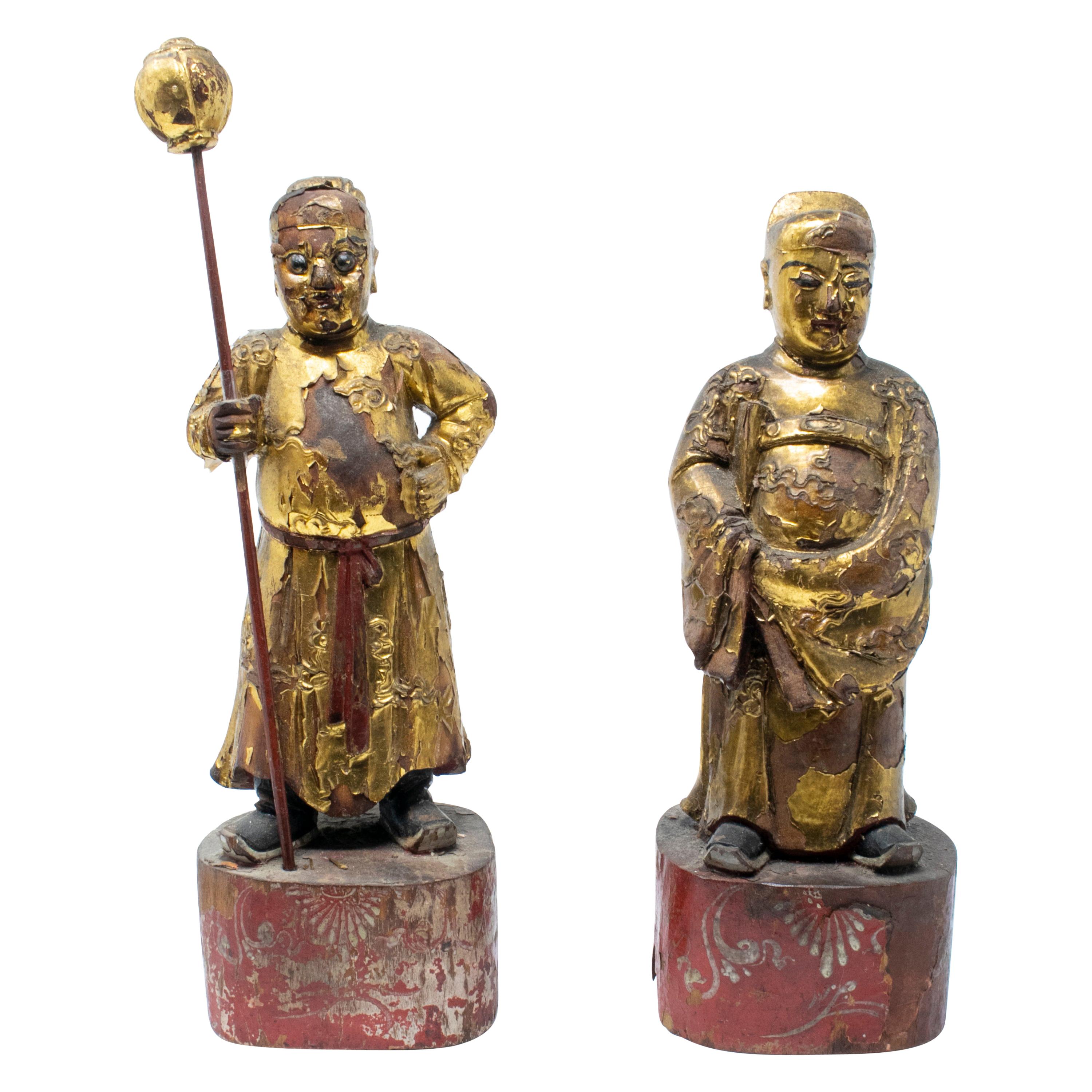 18th Century Pair of Gilded Hand Carved Wooden Buddhist Monks