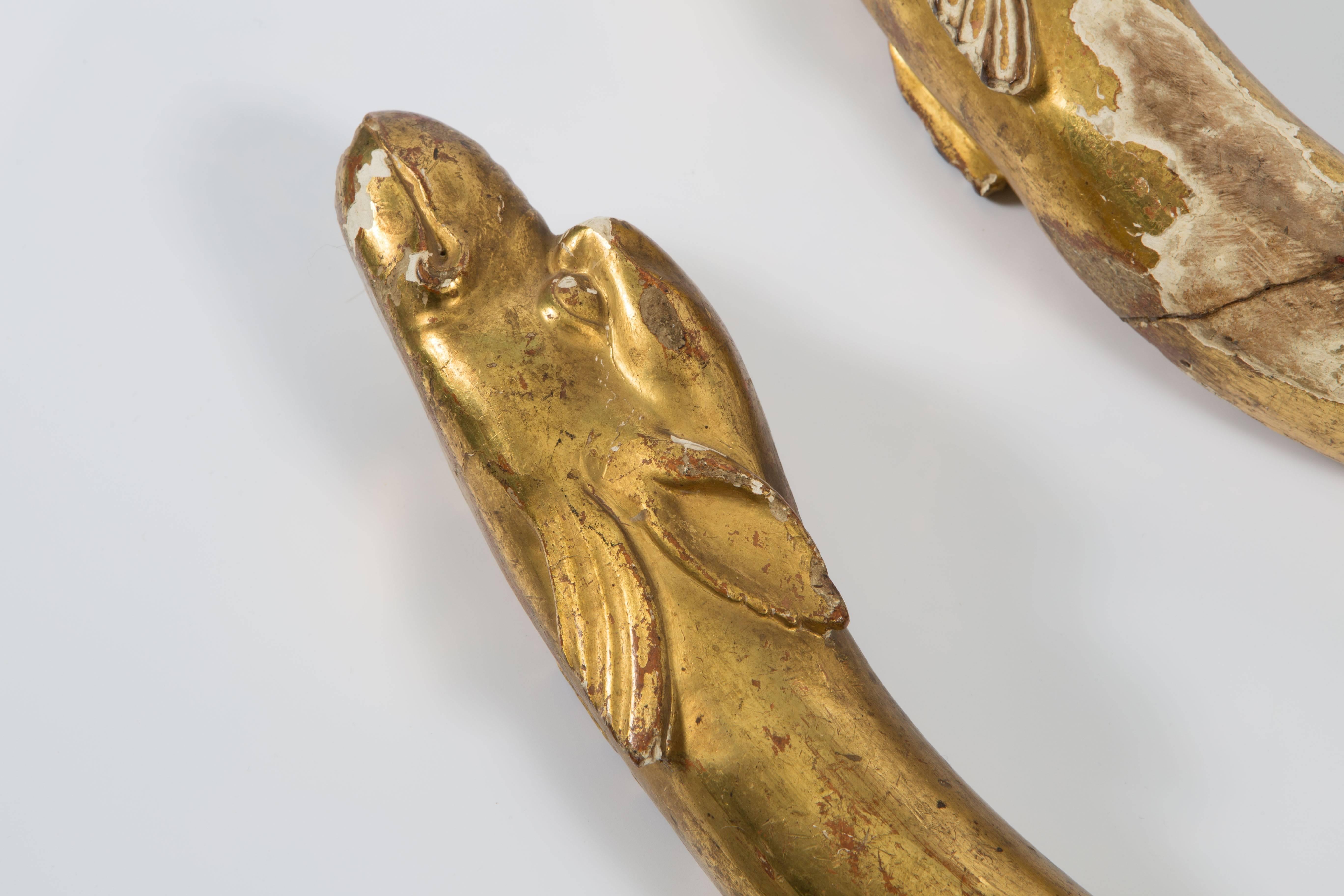 Italian 18th Century Pair of Gold Leaf Dolphin Shaped Ornaments  For Sale