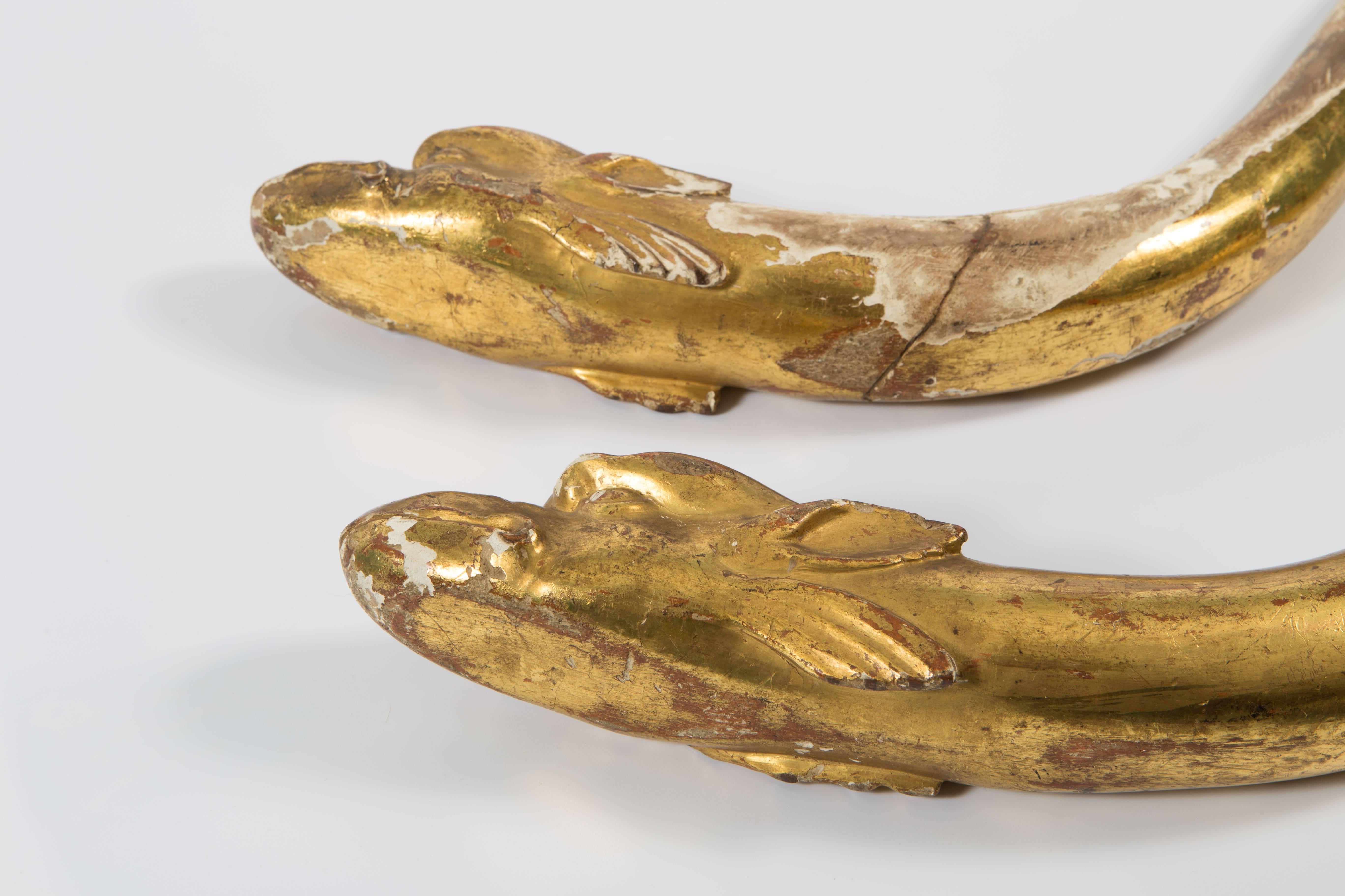 18th Century and Earlier 18th Century Pair of Gold Leaf Dolphin Shaped Ornaments  For Sale