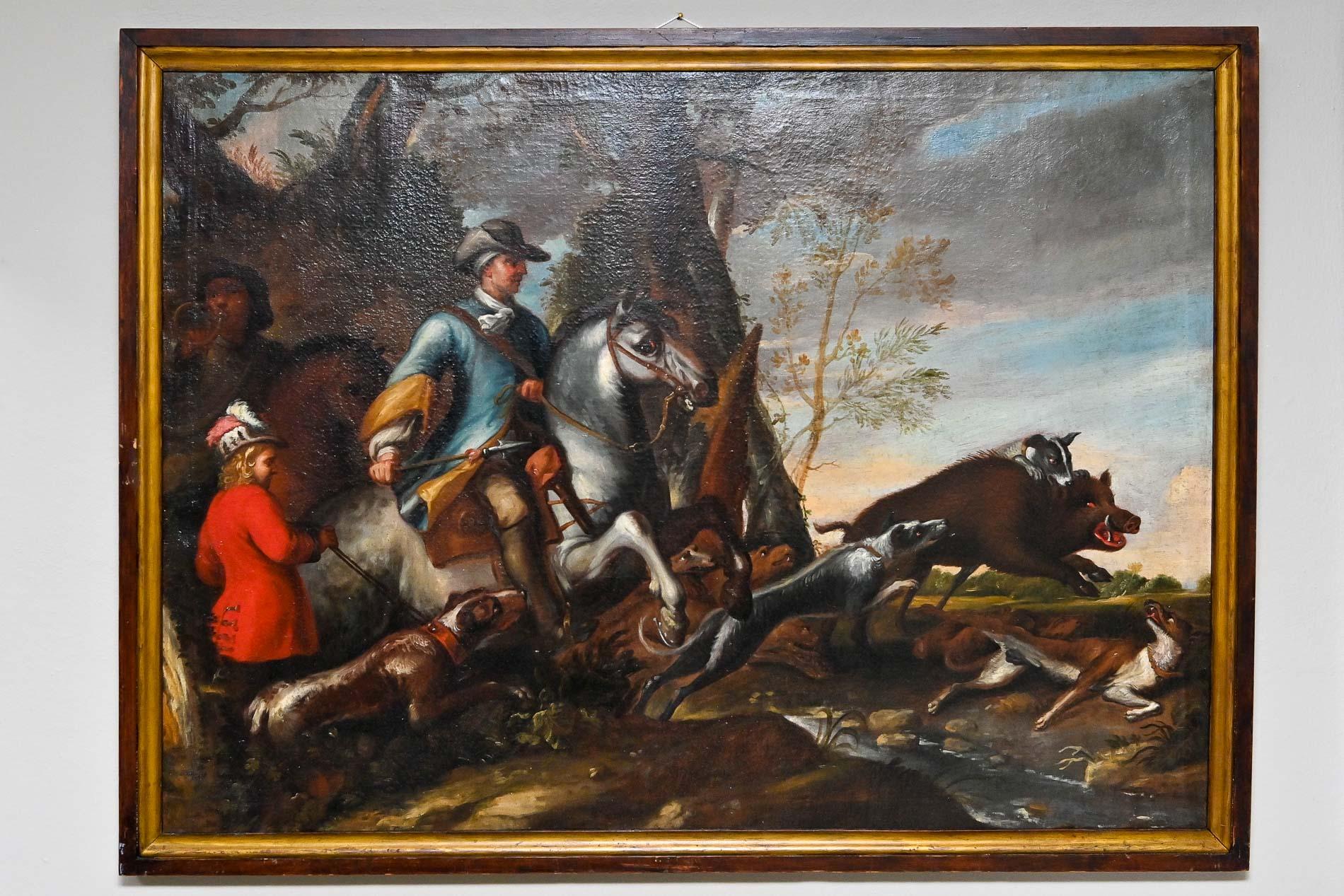 Baroque 18th Century Pair Of Hunting Still Lifes Deer Hunting And Sow Hunting German For Sale
