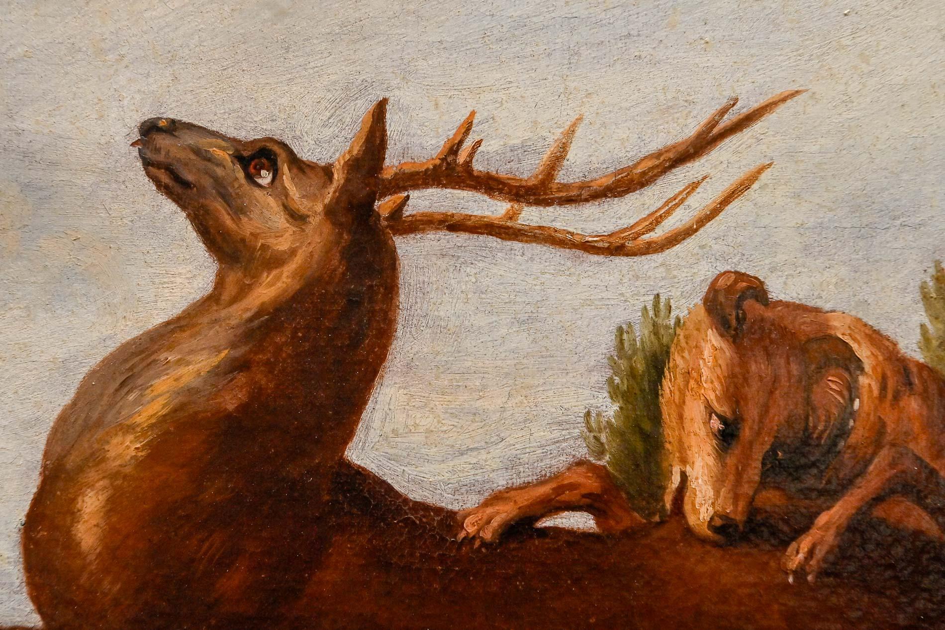 18th Century and Earlier 18th Century Pair Of Hunting Still Lifes Deer Hunting And Sow Hunting German For Sale