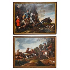 18th Century Pair Of Hunting Still Lifes Deer Hunting And Sow Hunting German